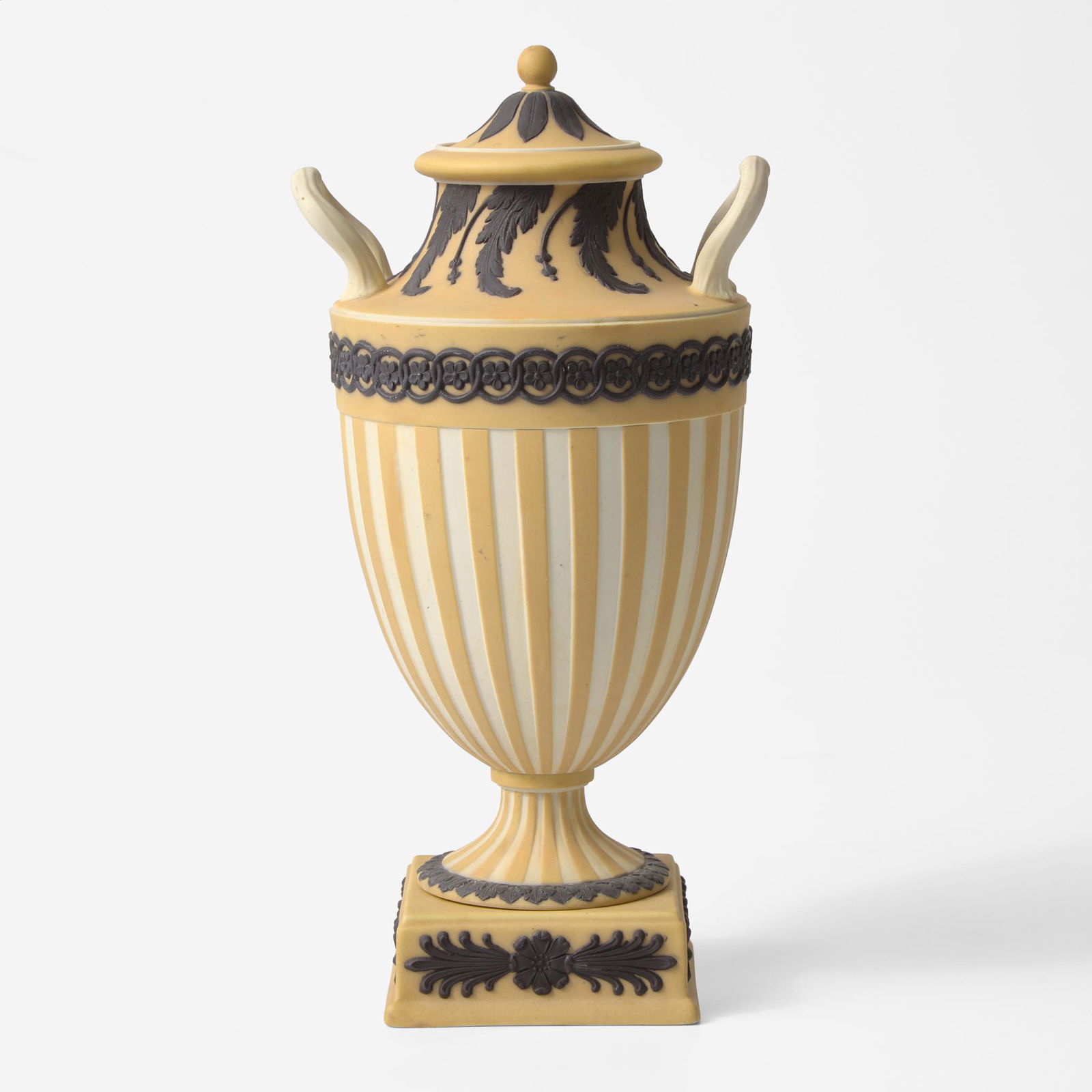 A Wedgwood Buff Yellow Dip and Solid Black Jasperware Vase and Cover UK, circa 1880 (1 of 3)