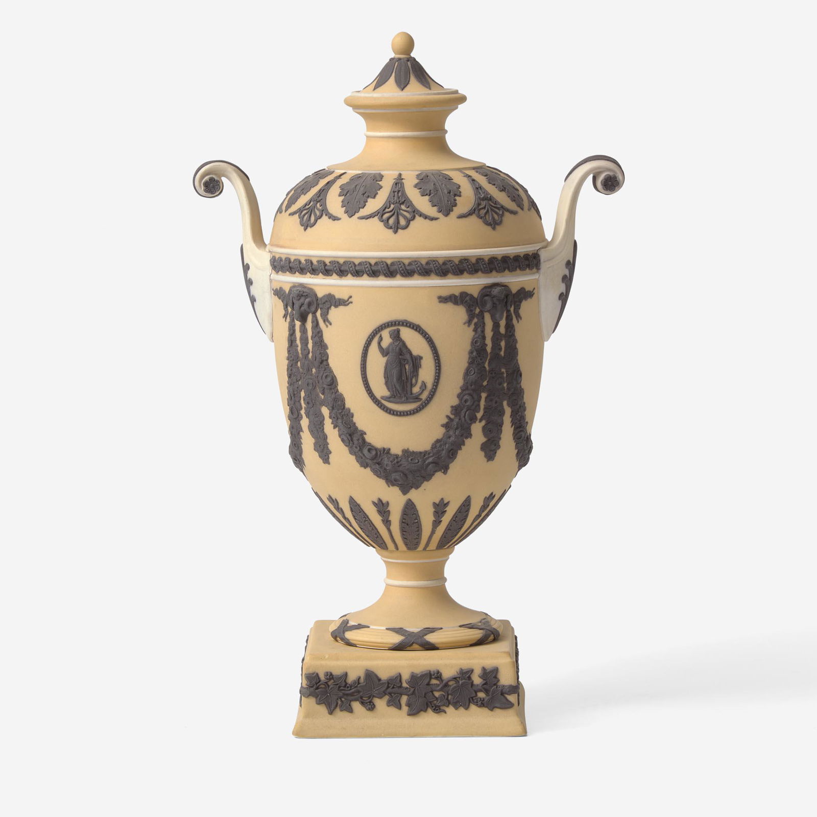 A Wedgwood Buff Yellow Dip and Solid Black Jasperware Vase and Cover UK, circa 1880 (1 of 3)