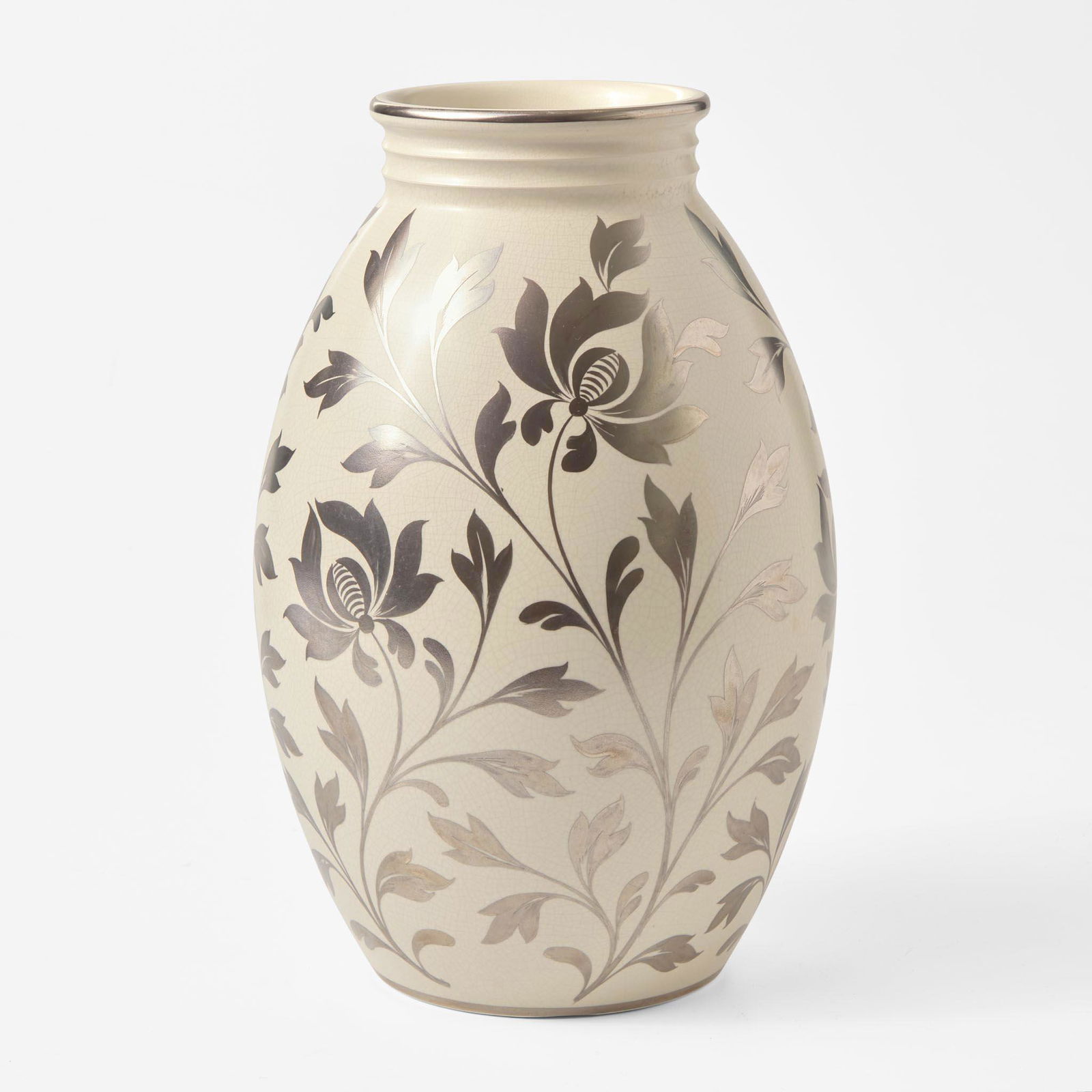 A Wedgwood Keith Murray (1892-1981) Designed Vase with Millicent Taplin (1902-1980) Decoration UK,: A Wedgwood Keith Murray (1892-1981) Designed Vase with Millicent Taplin (1902-1980) Decoration UK, 1930s Earthenware, Platinum Lustre.Shape 3985, glazed in Moonstone, with a silver resist floral patte