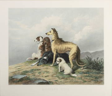 Alfred Lucas (English, 19th Century) after Sir Edwin Henry Landseer (English, 1802-1873): Alfred Lucas (English, 19th Century) after Sir Edwin Henry Landseer (English, 1802-1873) Highland Dogs hand-colored engraving on paper titled to lower margin 17 1/2 x 21 1/2 inches (visible image); 21