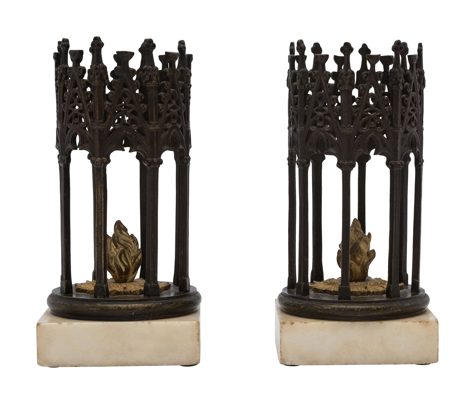 A Pair of English Gothic Revival Cast Iron and Marble Ornaments: A Pair of English Gothic Revival Cast Iron and Marble Ornaments 19th Century Height 6 inches. Property from the Collection of Josephine Abercrombie, Pin Oak Stud, Versailles, Kentucky This lot is loca