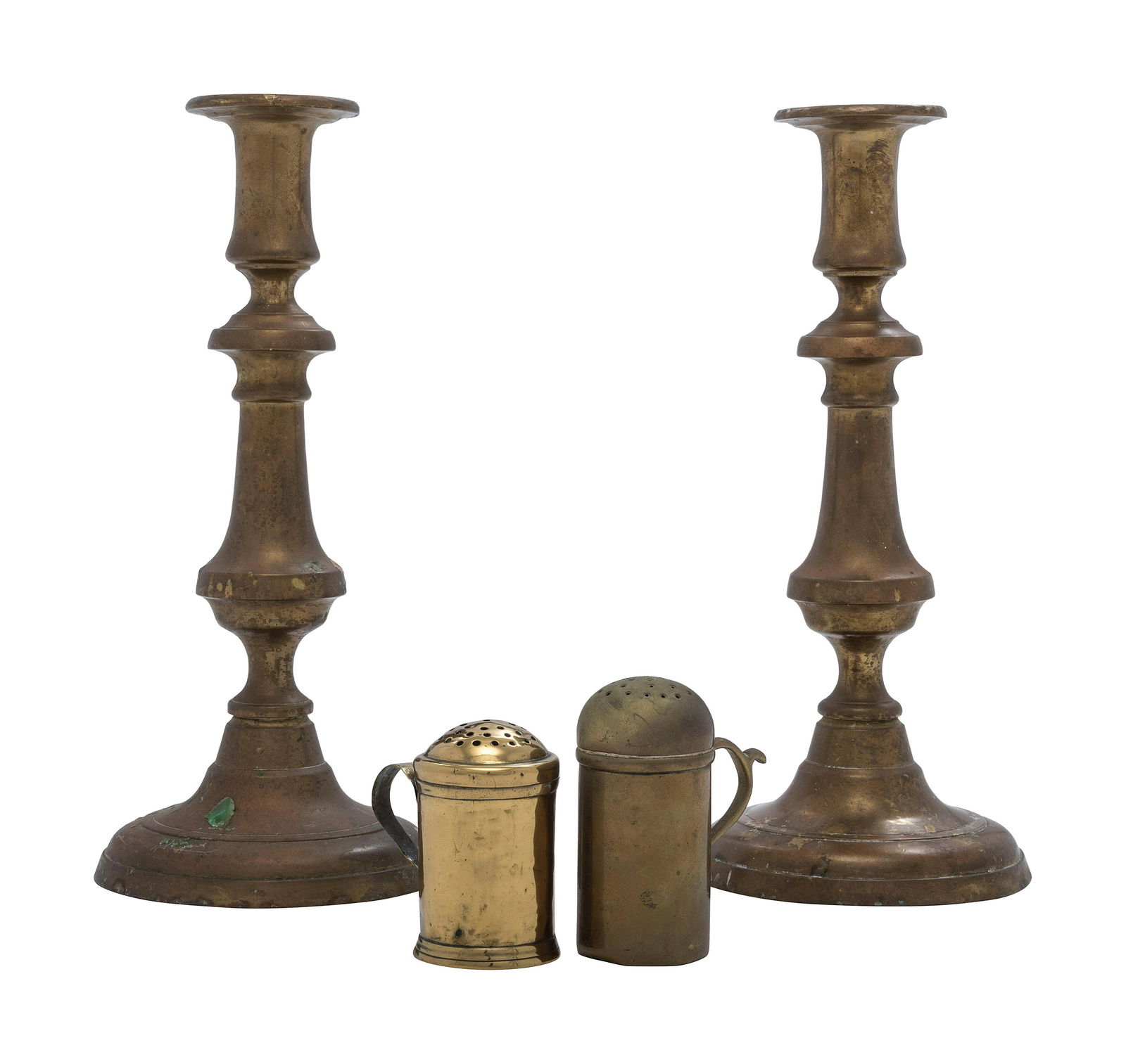 A Pair of Brass Candlesticks and Two Brass Shakers (1 of 2)