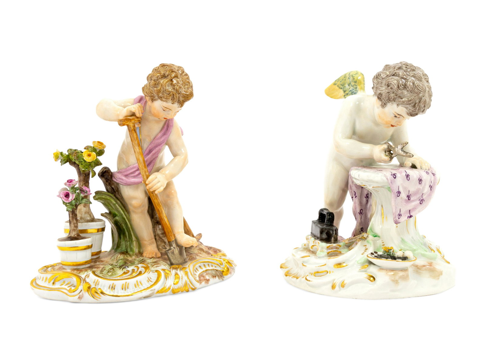 A Group of Meissen Porcelain Cherubic Figures: A Group of Meissen Porcelain Cherubic Figures 19th Century each bearing double crossed swords in underglaze blue, with impressed numbers 111, inked number 53 and incised initials O167 on the cherub cu