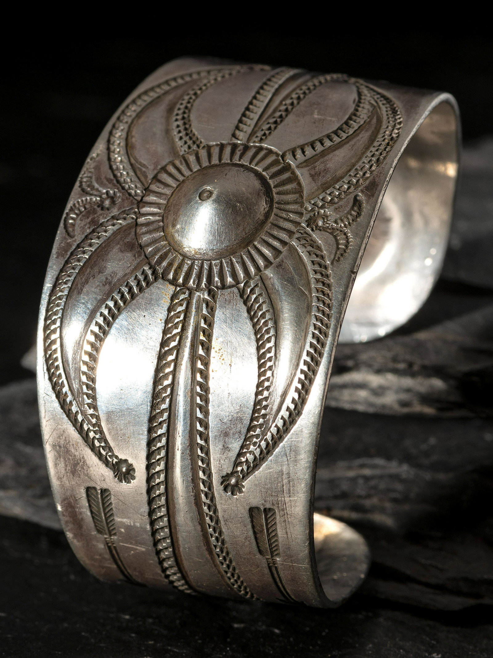 Navajo Heavily Stamped and Chiseled Ingot Silver Cuff Bracelet, with Repousse Accents (1 of 2)