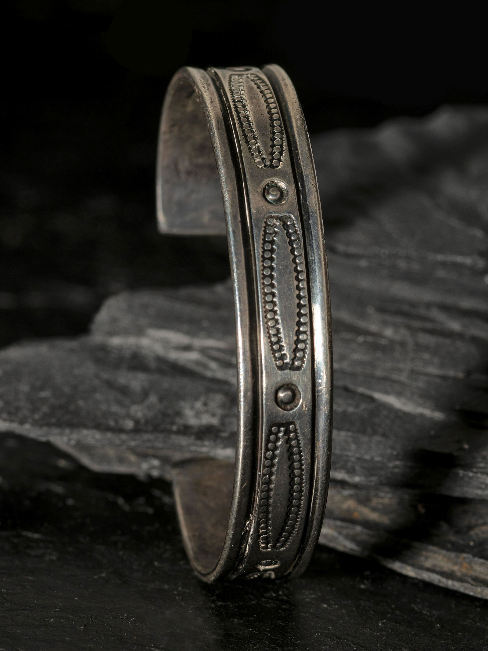 C.G. Wallace Trading Store (Shop, 1928-1964) Slender Navajo Stamped Silver Cuff Bracelet (1 of 2)