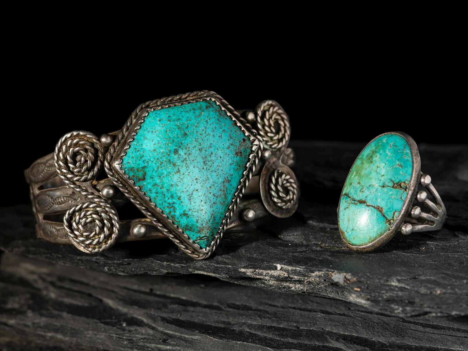 C.G. Wallace Trading Store (Shop, 1928-1964) Navajo or Zuni Silver and Turquoise Cuff Bracelet AND (1 of 4)