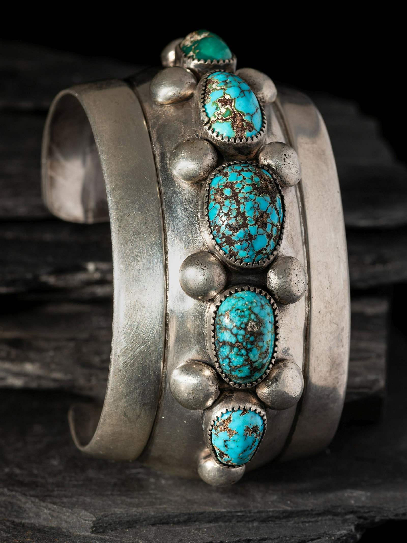 Thunderbird Shop, Frank Patania (Shop, 1899-1964) Sterling Silver and #8 Turquoise Cuff Bracelet (1 of 3)