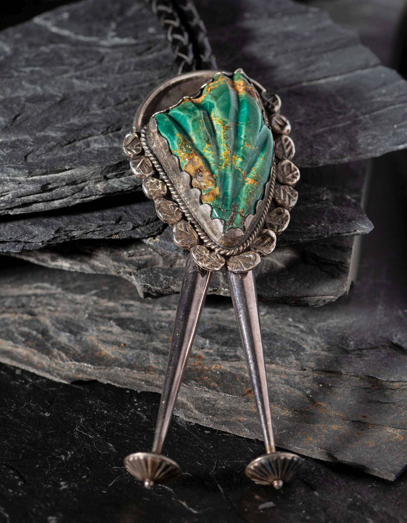 Leekya Deyuse, Attributed (Zuni, 1889-1966) Silver and Carved Turquoise Leaf Bolo Tie (1 of 2)