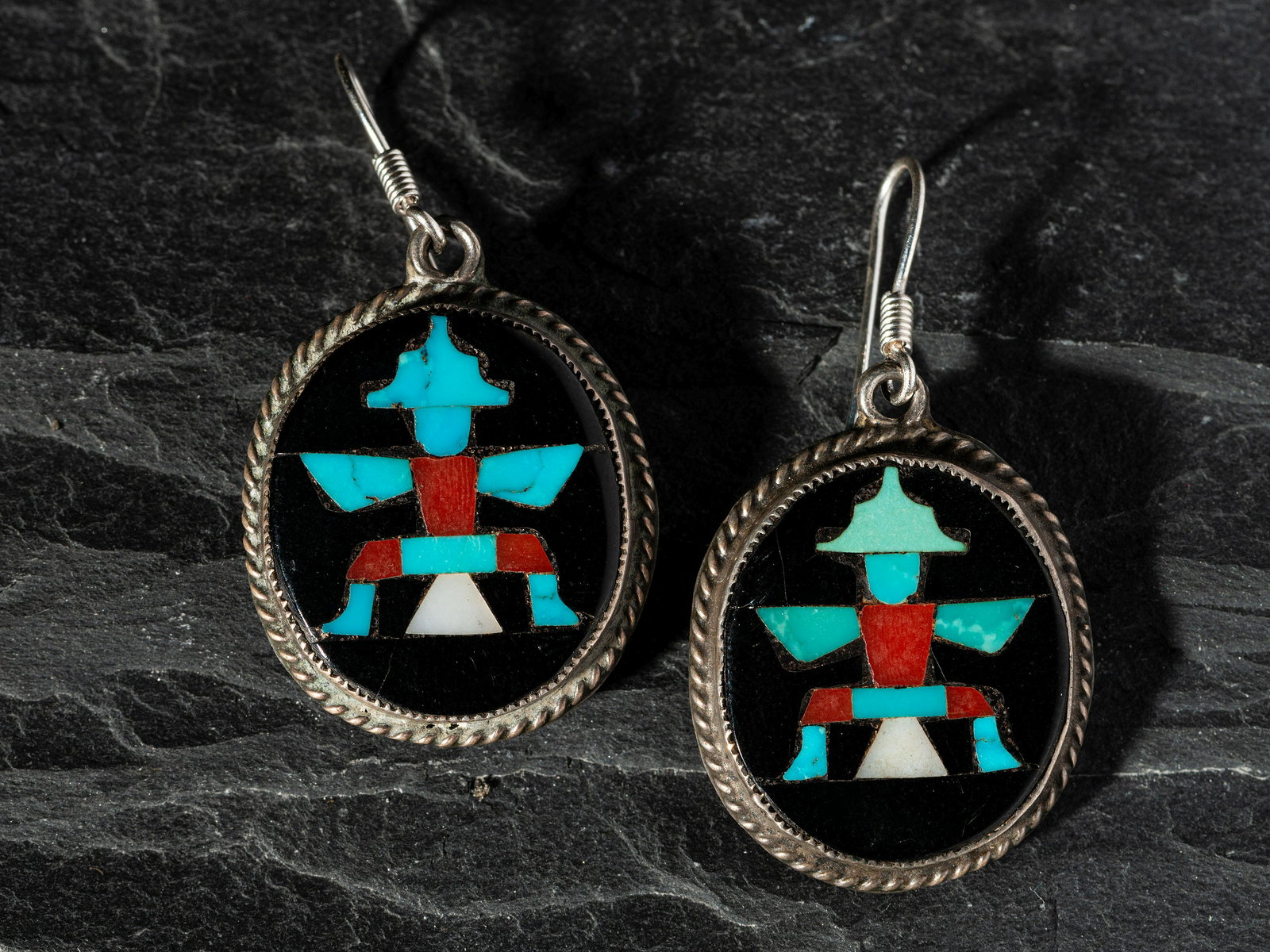 John Gordon Leak, Attributed (Zuni, 1896-1970) Silver and Mosaic Inlay Knifewing Hook Earrings (1 of 2)