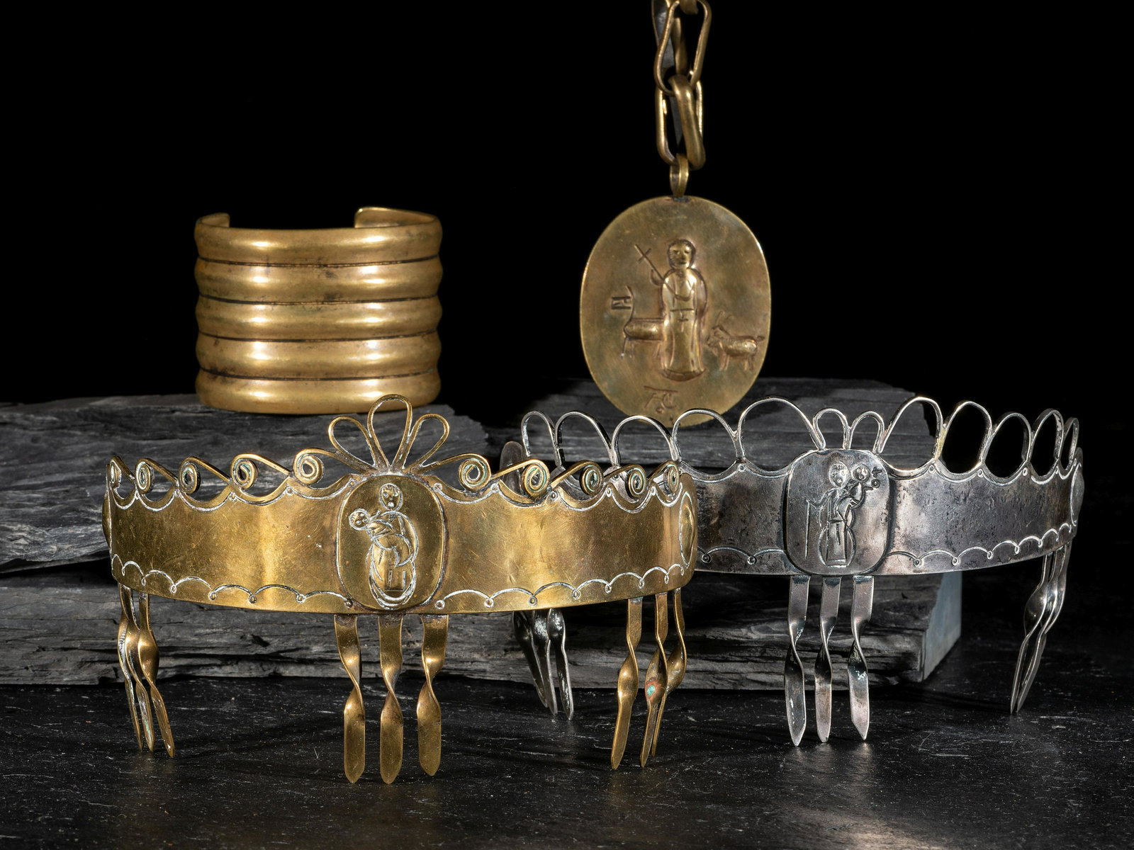Felix Chama (Kewa, 20th century) Silver and Brass Jewelry (1 of 4)