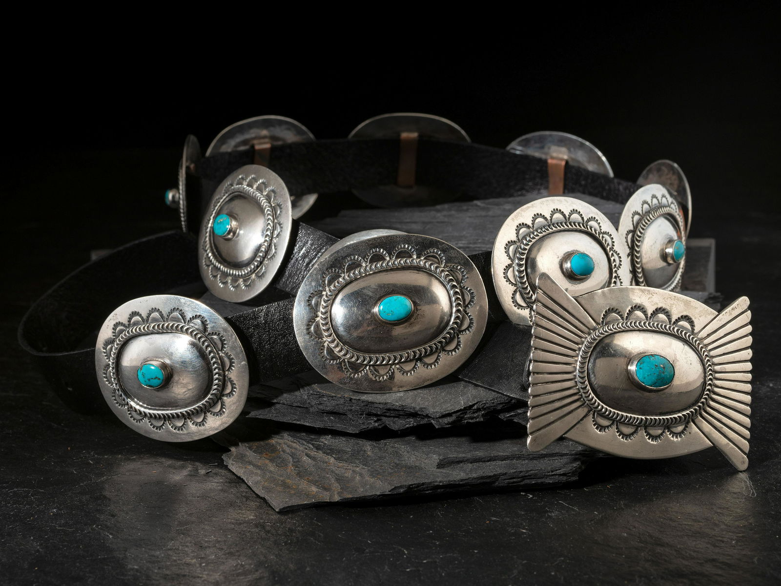 Joe H. Quintana (Cochiti, 1915-1995)  Silver and Turquoise Concha Belt (1 of 1)