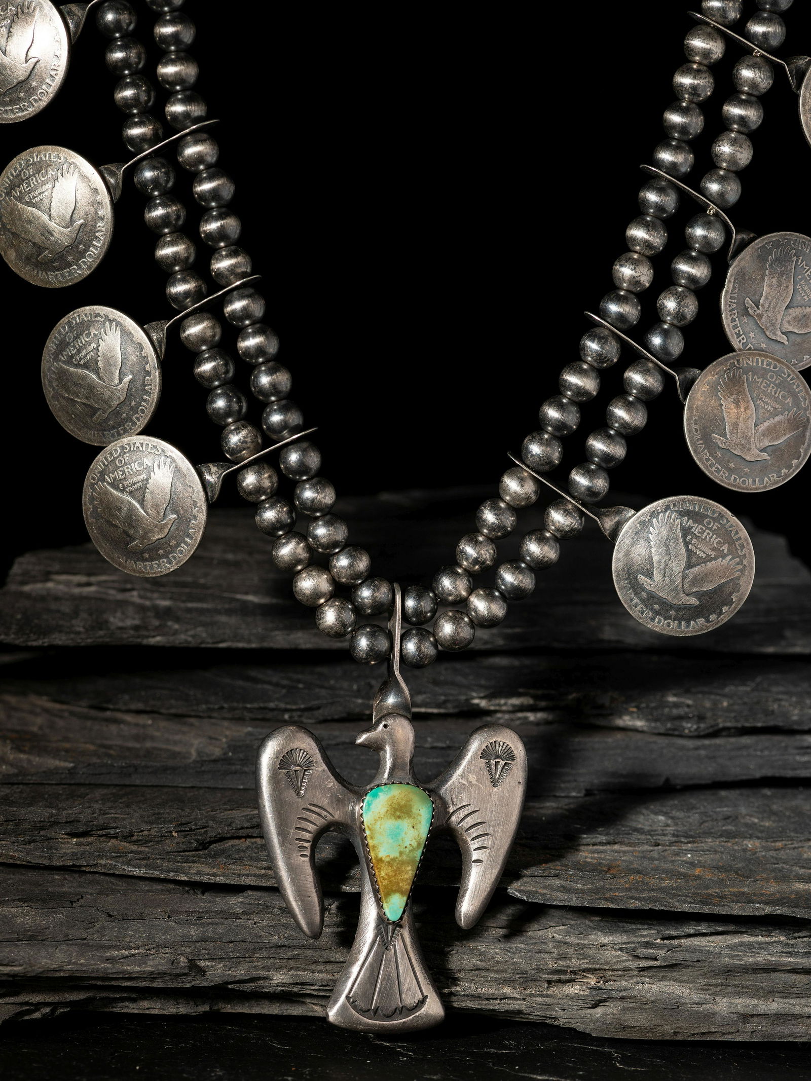 Buffalo Dancer  (Shop, 1974-present) Taos Coin Silver Thunderbird Squash Blossom Necklace (1 of 2)