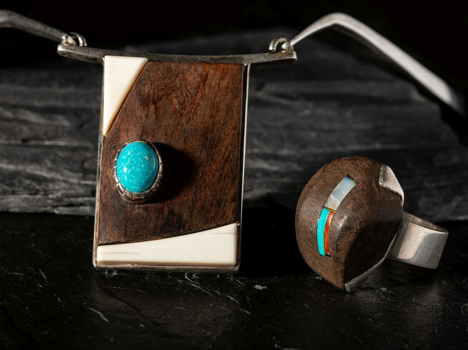 Richard Chavez (San Felipe, b. 1949) Silver Necklace and Ring, with Inlay (1 of 2)