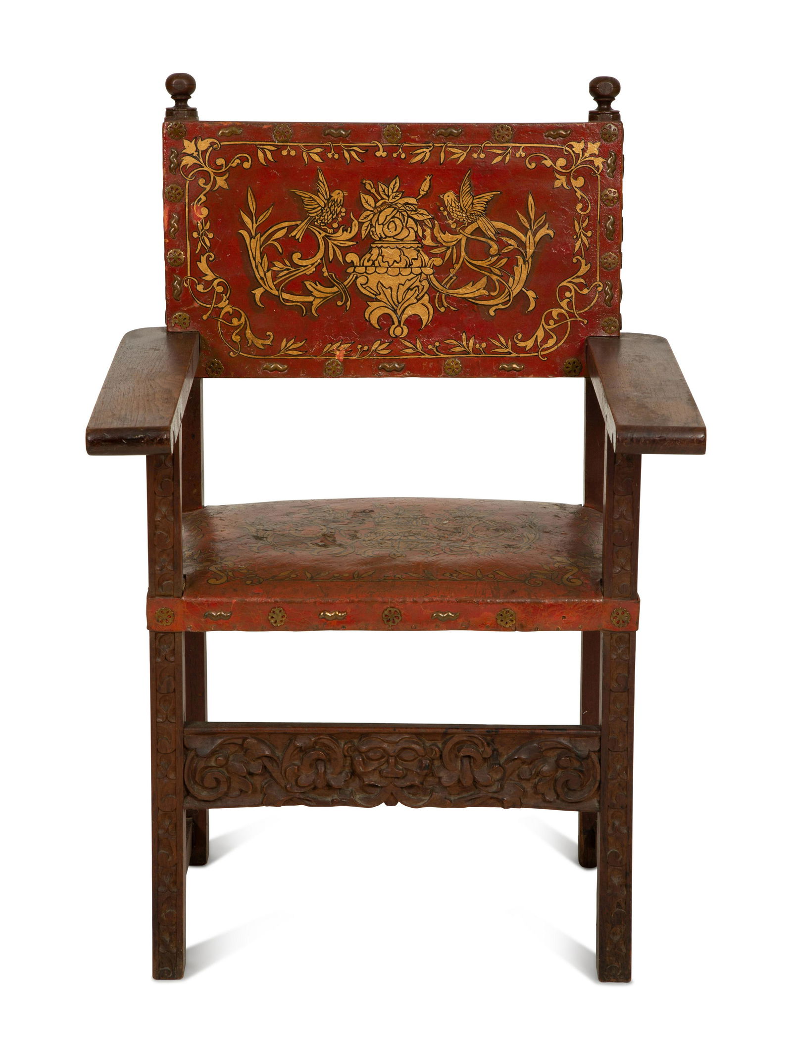 An Italian Baroque Style Carved Oak Open Armchair with Painted Leather Back and Seat (1 of 6)