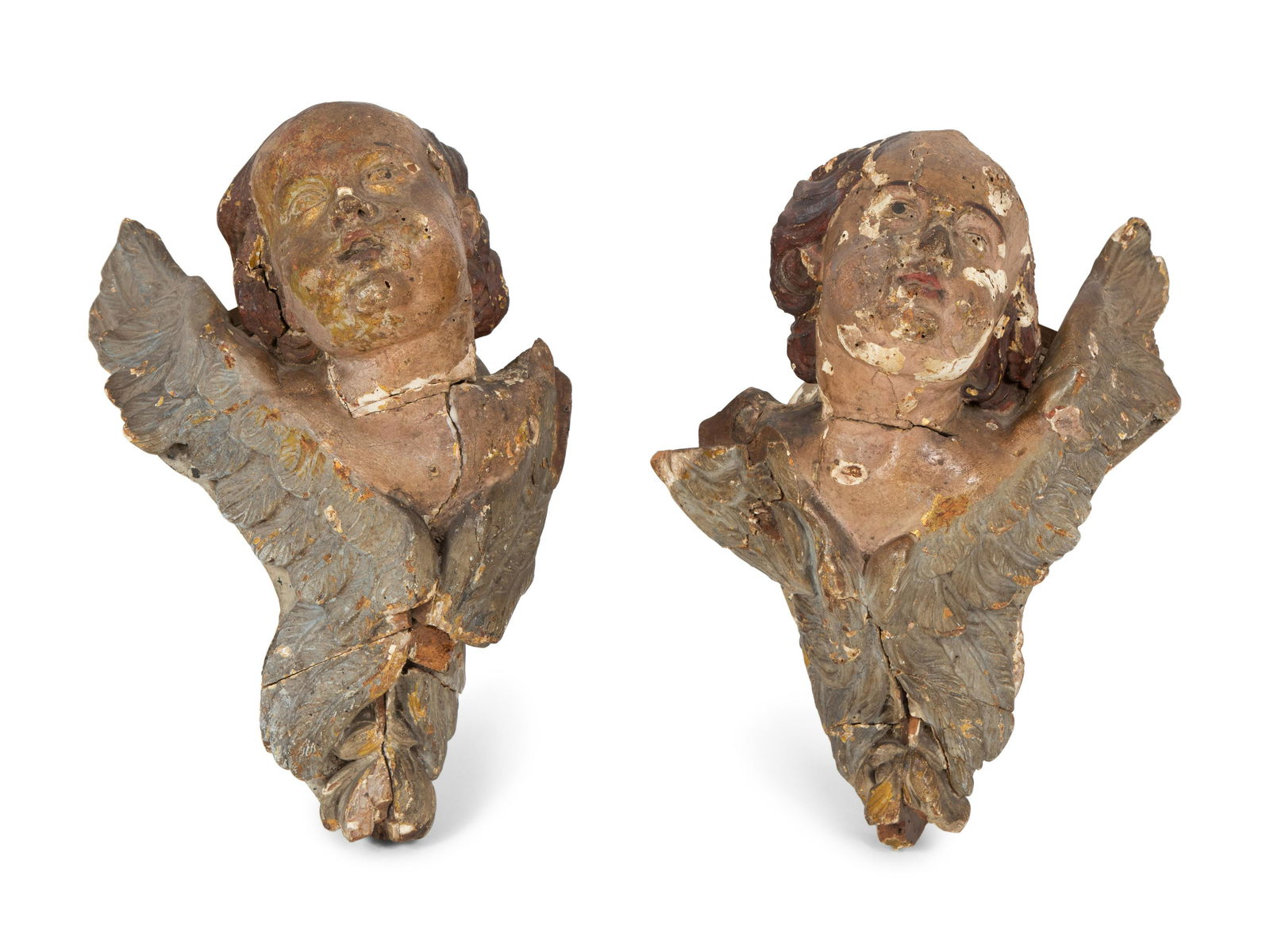 A Pair of Italian Polychromed and Parcel Gilt Carved Wood Angel Head Wall Mounts (1 of 2)