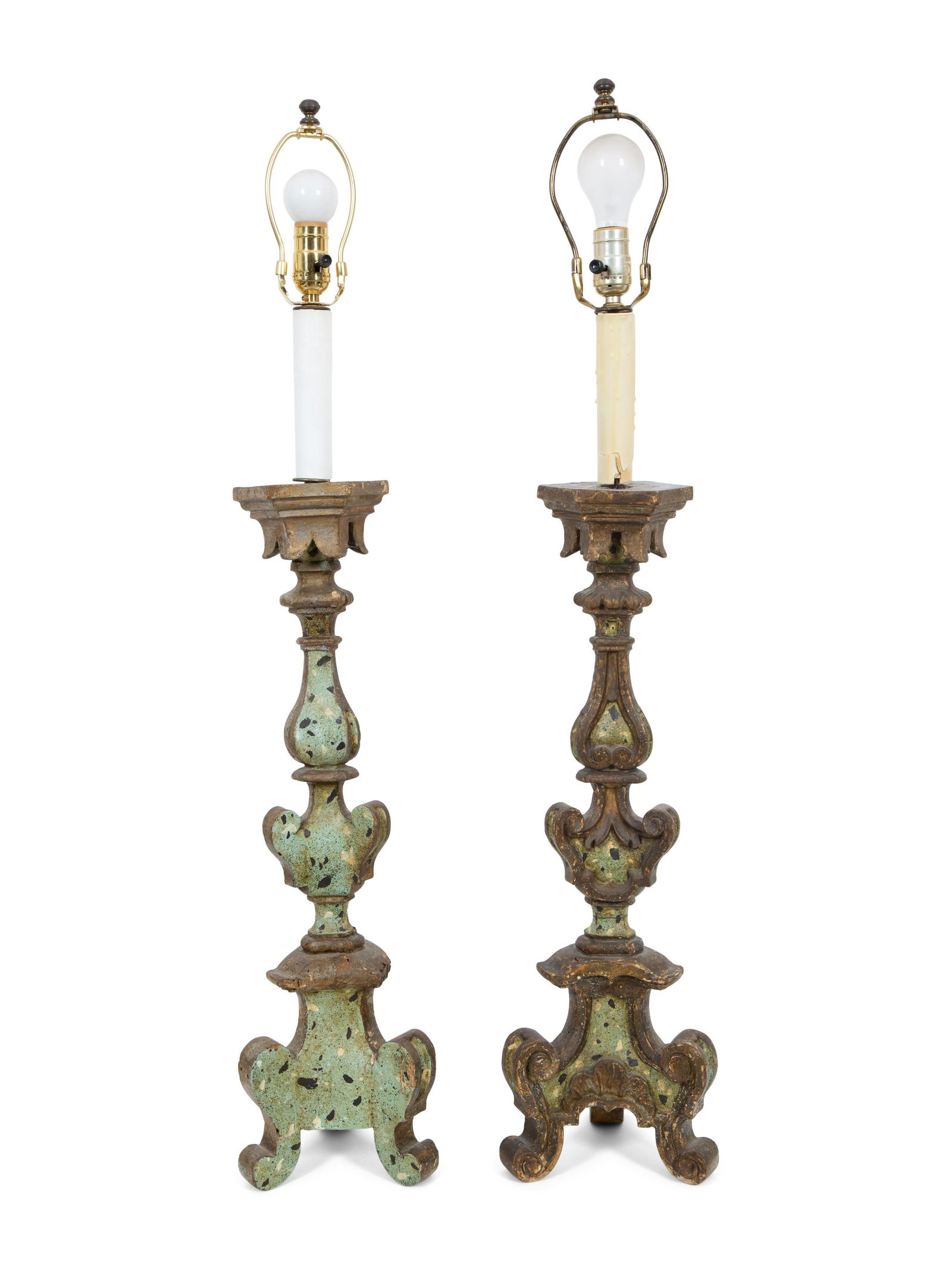 A Pair of Italian Painted and Parcel Gilt Pricket Candlesticks: A Pair of Italian Painted and Parcel Gilt Pricket Candlesticks 19th/20th Century now mounted as lamps. Height 39 1/2 x width 7 1/2 x depth 7 1/2 inches.