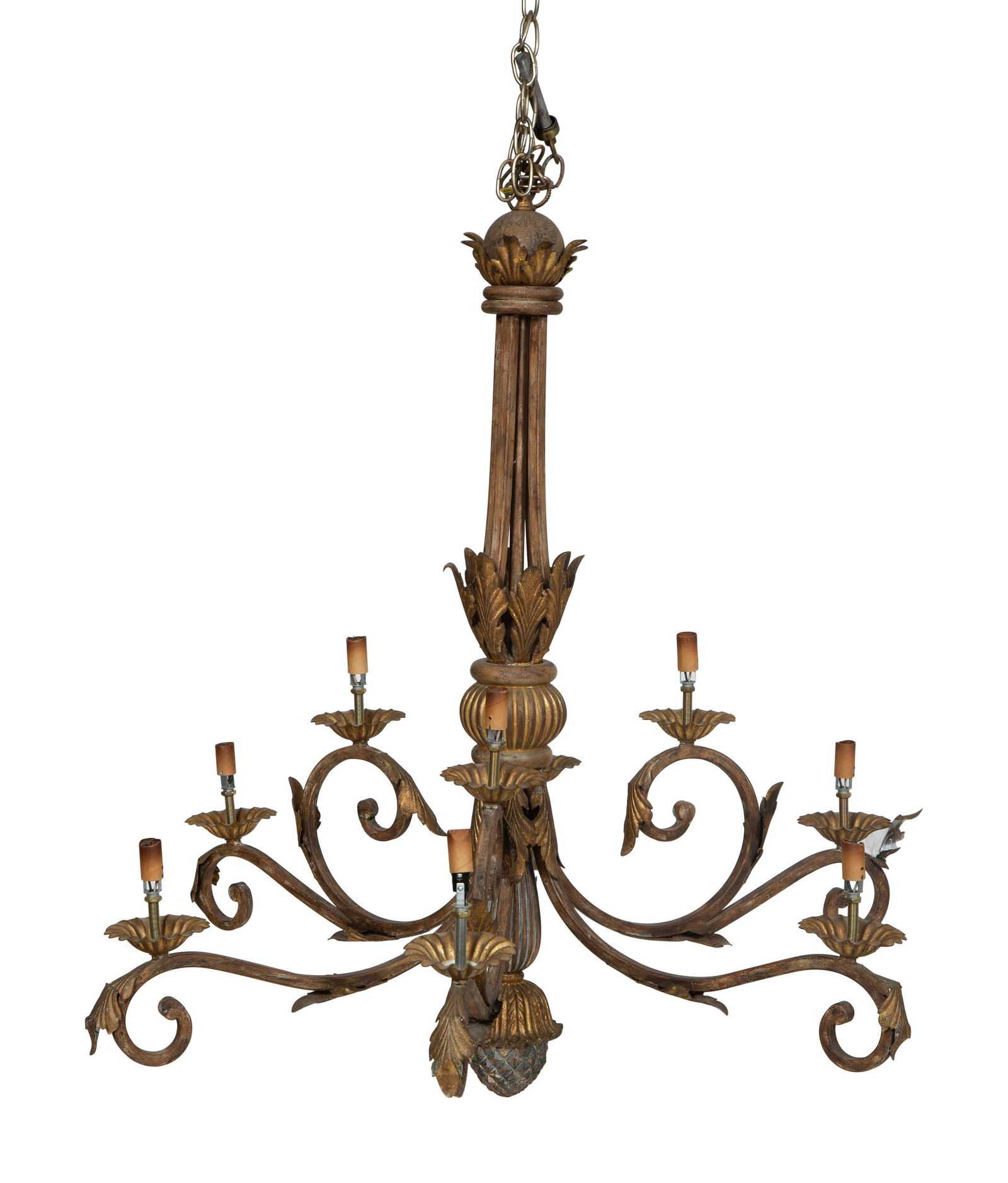 A Venetian Style Gilt Metal Nine-Light Chandelier: A Venetian Style Gilt Metal Nine-Light Chandelier 20th Century Height 34 x diameter 36 inches. Property from the Collection of Ms. Terry Van Lear, Palm Beach, Florida