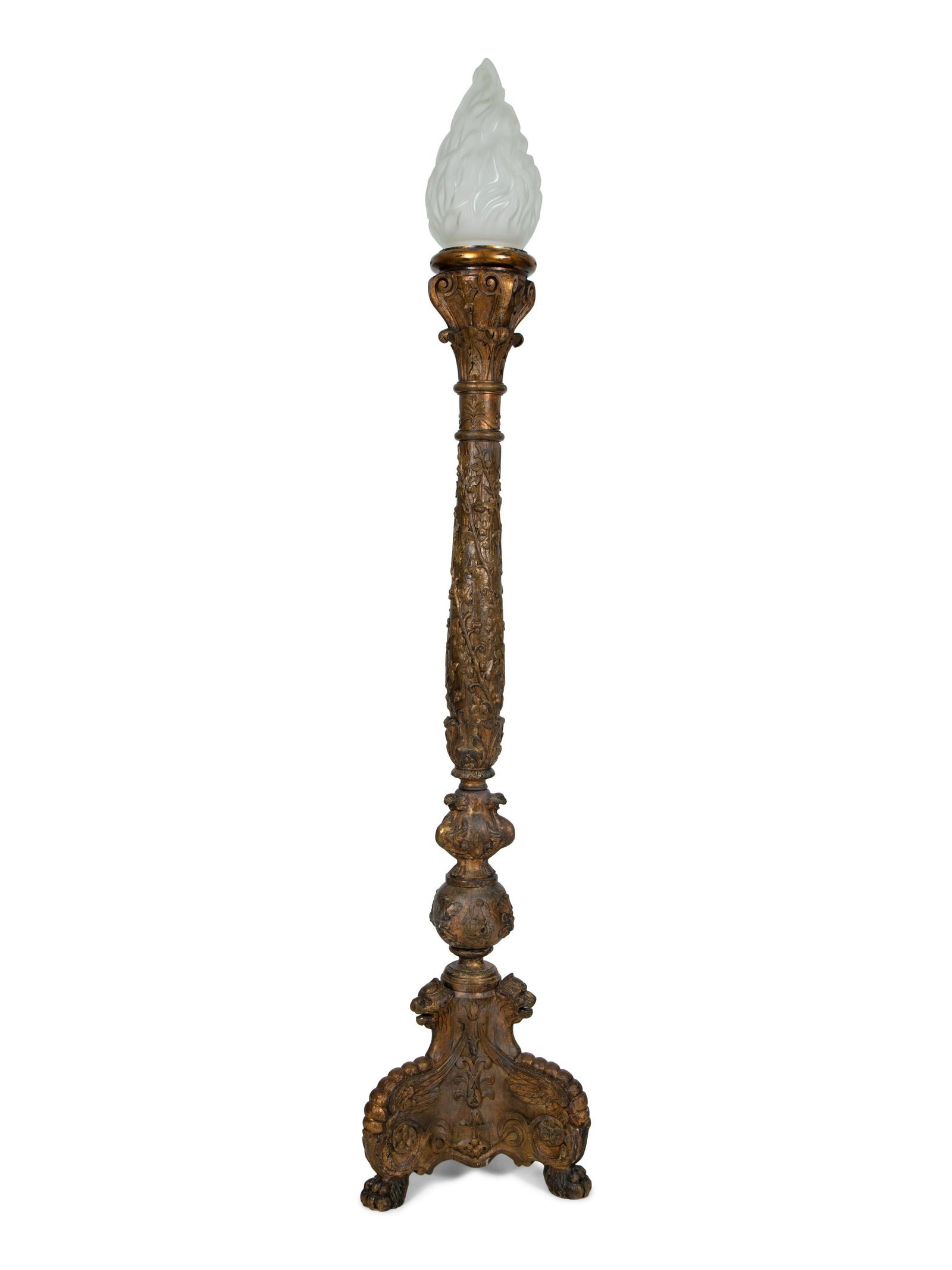 A Pair of Italian Baroque Style Giltwood Torcheres with Frosted Glass Flame-Form Shades: A Pair of Italian Baroque Style Giltwood Torcheres with Frosted Glass Flame-Form Shades 20th Century Height overall 96 inches. Property of a Palm Beach Collector