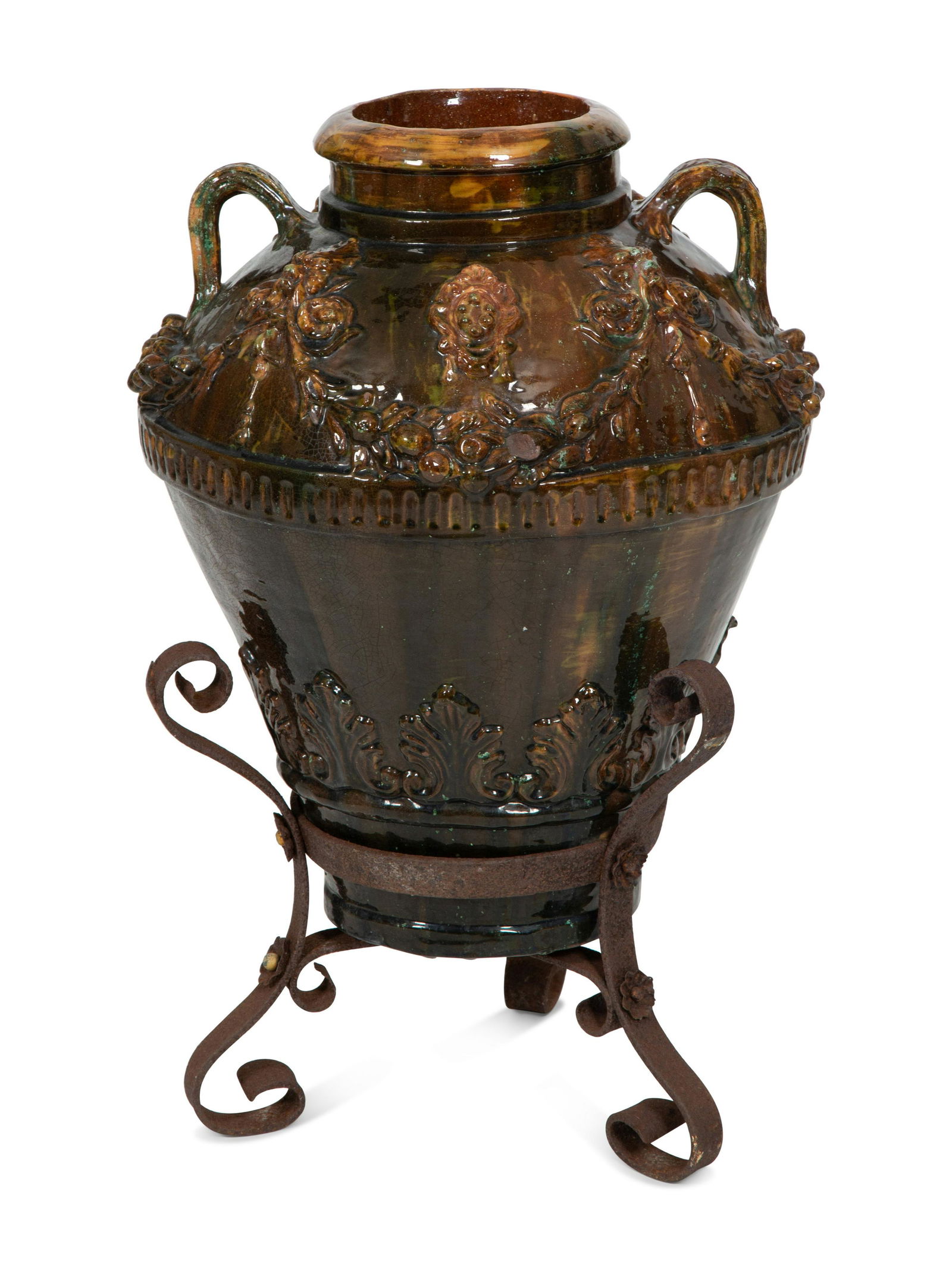 Italian Brown Glazed Ceramic Amphora in an Iron Stand (1 of 3)