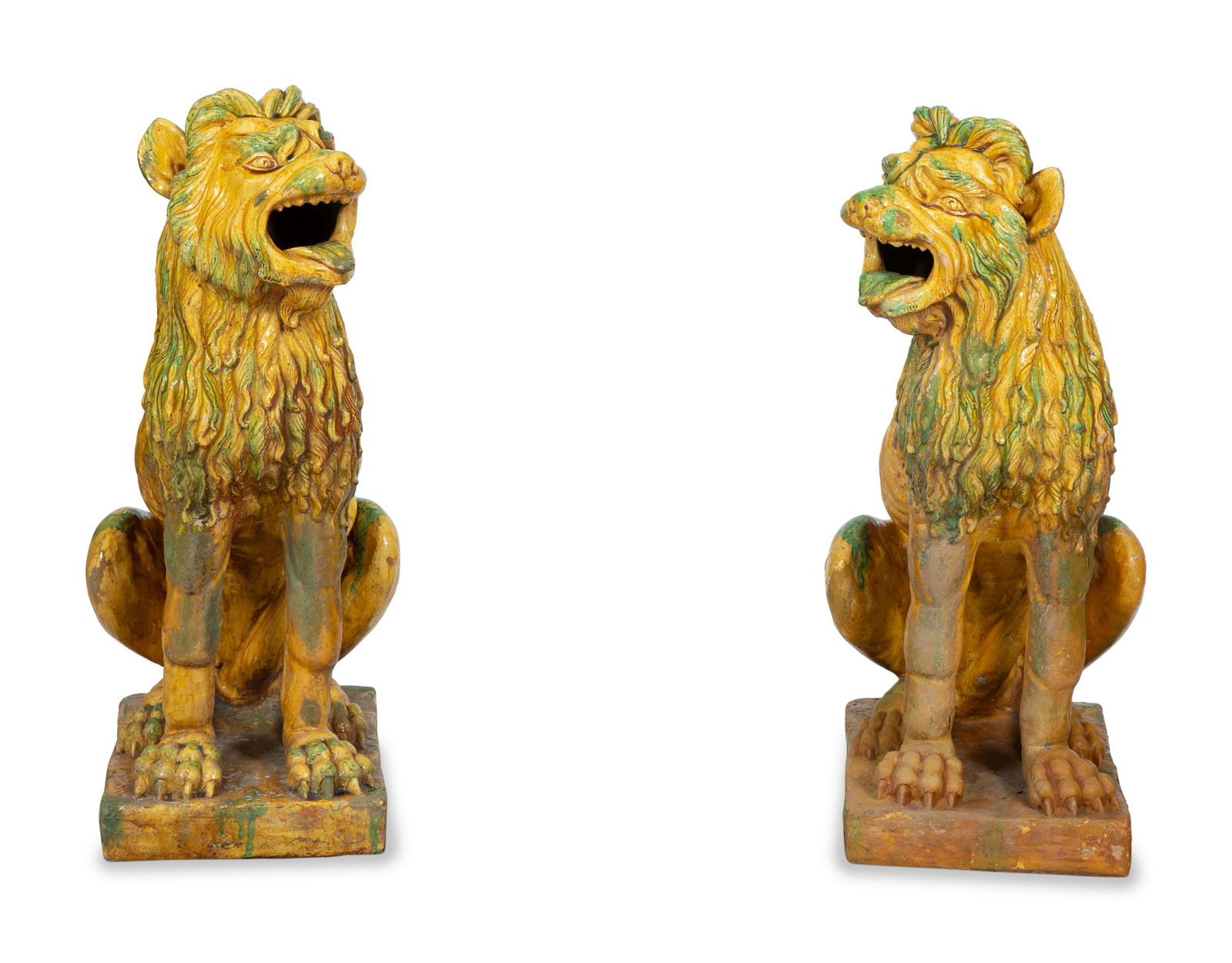 A Pair of Italian Yellow and Green Glazed Ceramic Figures of Seated Lions (1 of 5)