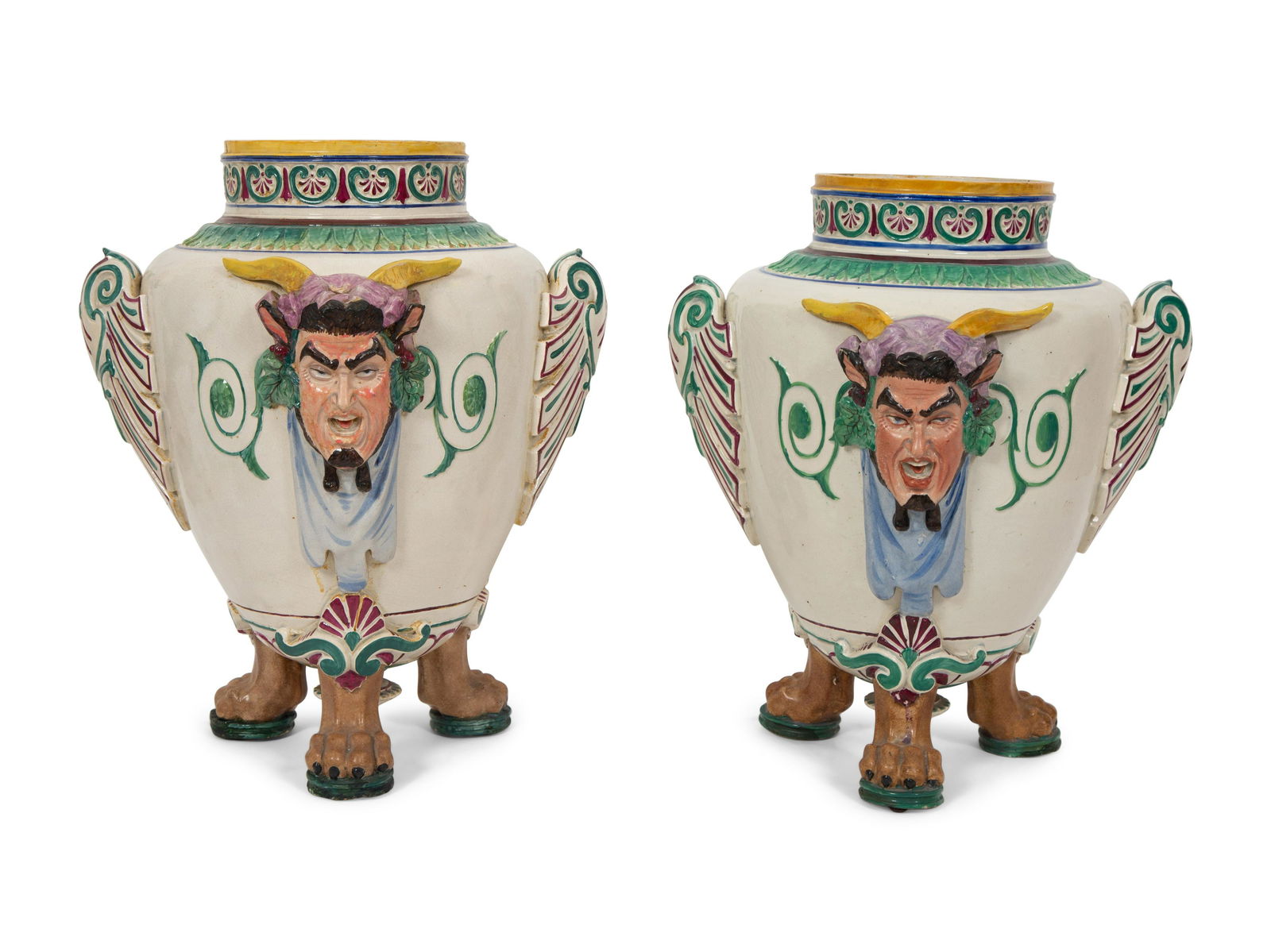 A Pair of Italian Glazed Ceramic Urns Decorated with Horned Masks and Paw Feet (1 of 5)