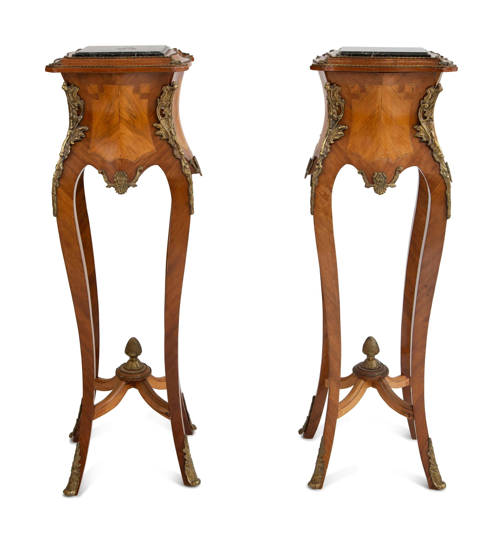 A Pair of Louis XV Style Gilt Metal Mounted Marble-Top Pedestals: A Pair of Louis XV Style Gilt Metal Mounted Marble-Top Pedestals 19th/20th Century Height 48 x width 14 x depth 14 inches. This lot is located in Palm Beach. Property from the Estate of Herme de Wyman