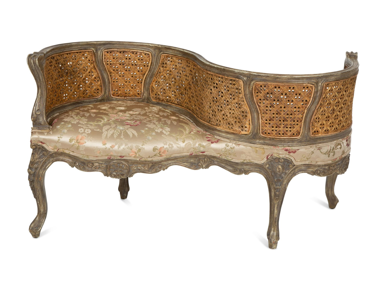 A Louis XV Style Painted Cane Back Tete-a-Tete: A Louis XV Style Painted Cane Back Tete-a-Tete 20th Century Height 28 x width 53 x depth 22 inches. Property of a Palm Beach Collector