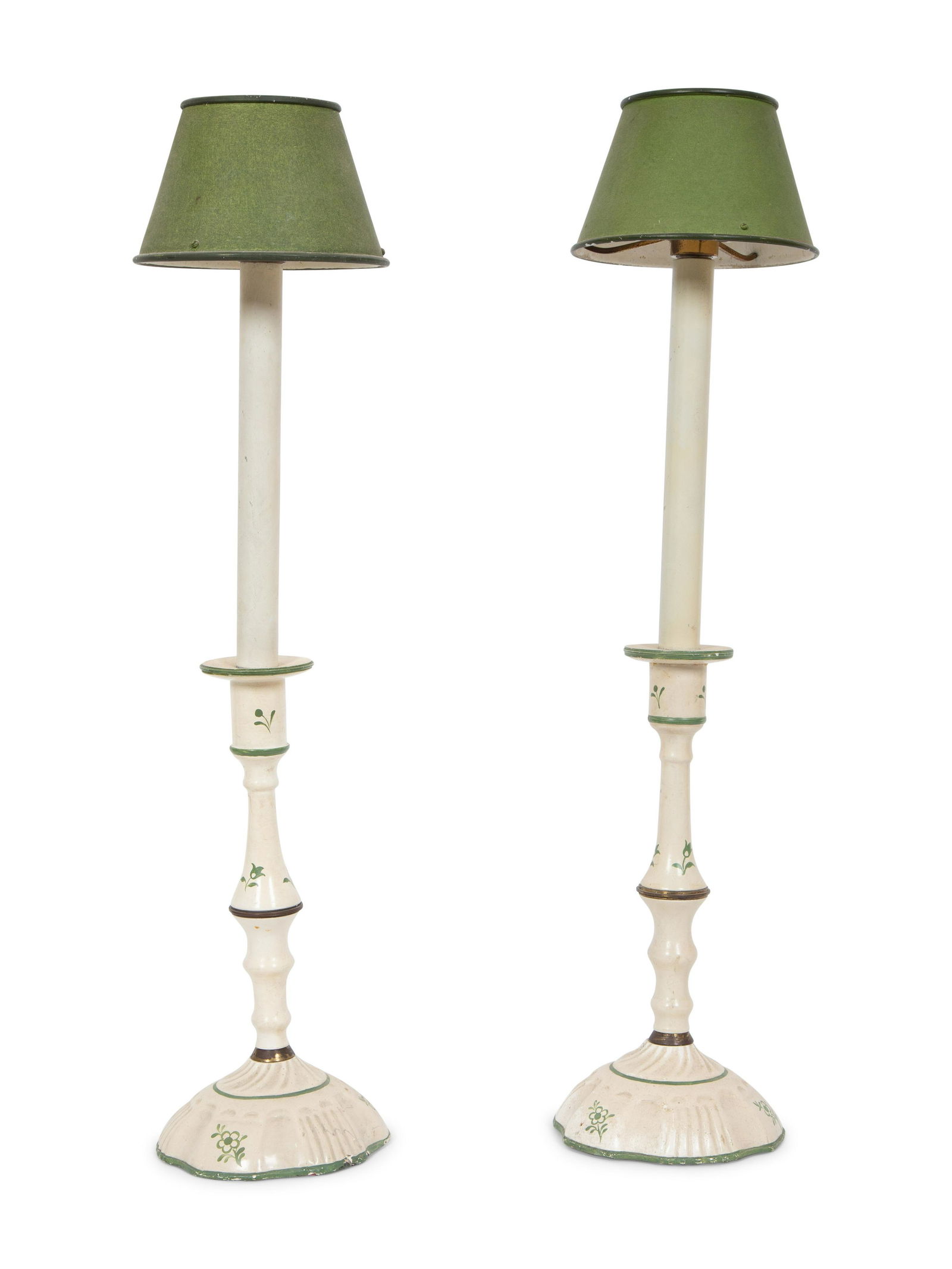 A Pair of French Green and White Painted Candlesticks with Green Shades (1 of 2)