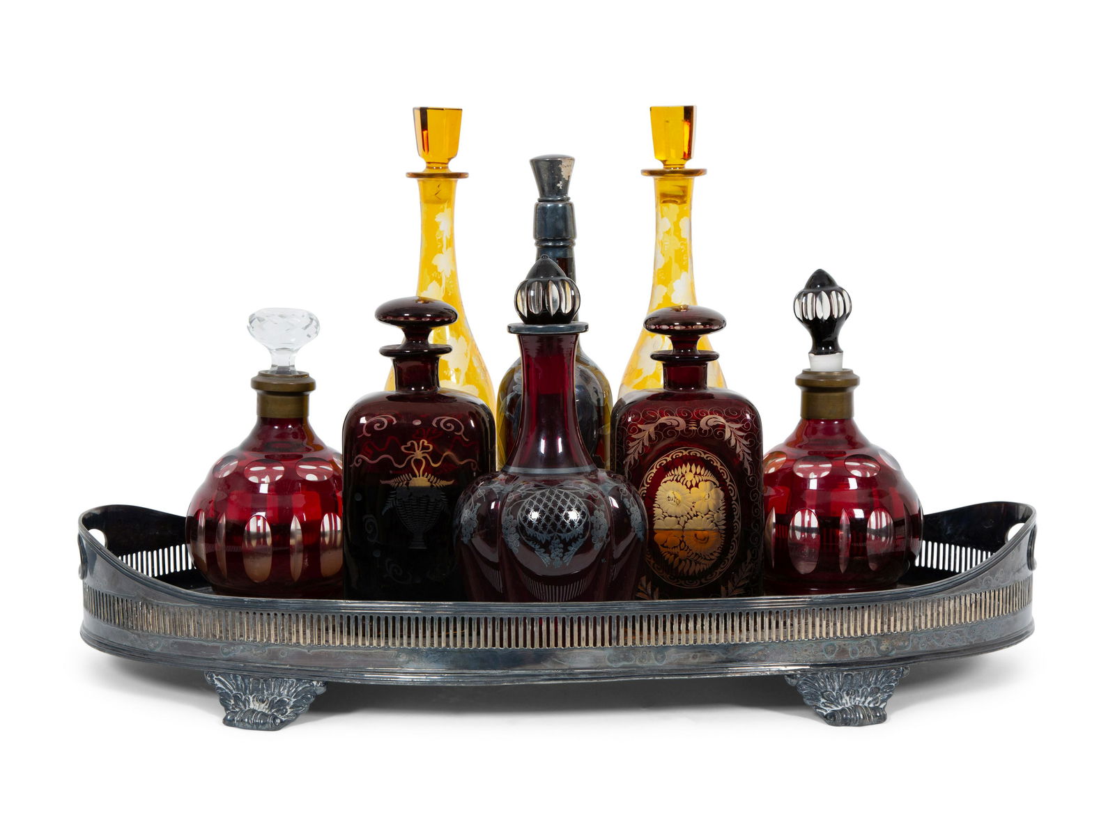 Eight Colored Glass Decanters and a Silver-Plate Galleried Serving Tray (1 of 5)
