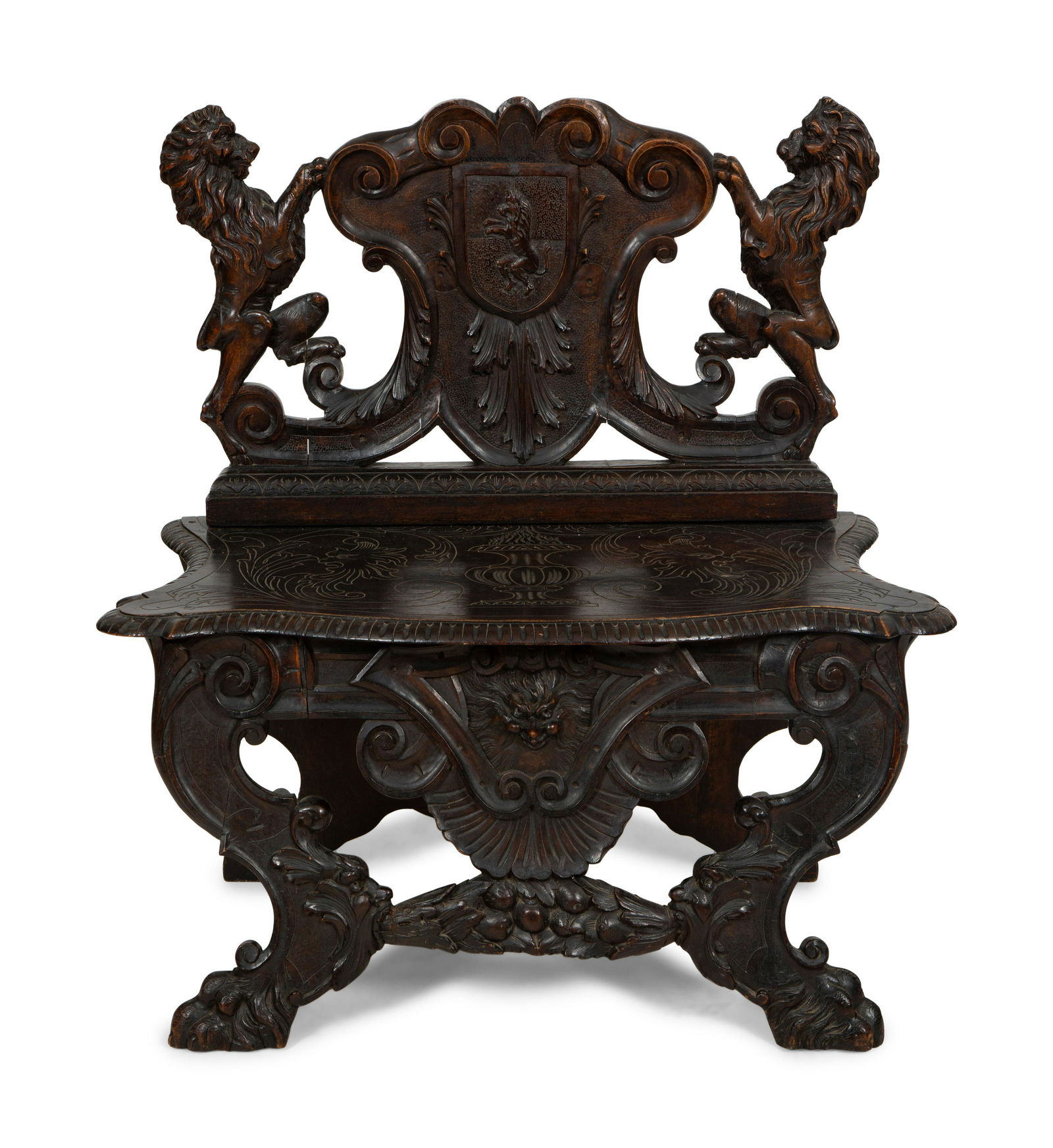 A Jacobean Style Carved Oak Bench with Armorial and Lion Carved Back (1 of 5)