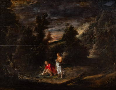 Adam Elsheimer (Italian/German, 1578-1620) Man Kneeling with Angel: Adam Elsheimer (Italian/German, 1578-1620) Man Kneeling with Angel oil on panel 20 x 15 1/2 inches. This lot is located in Palm Beach.