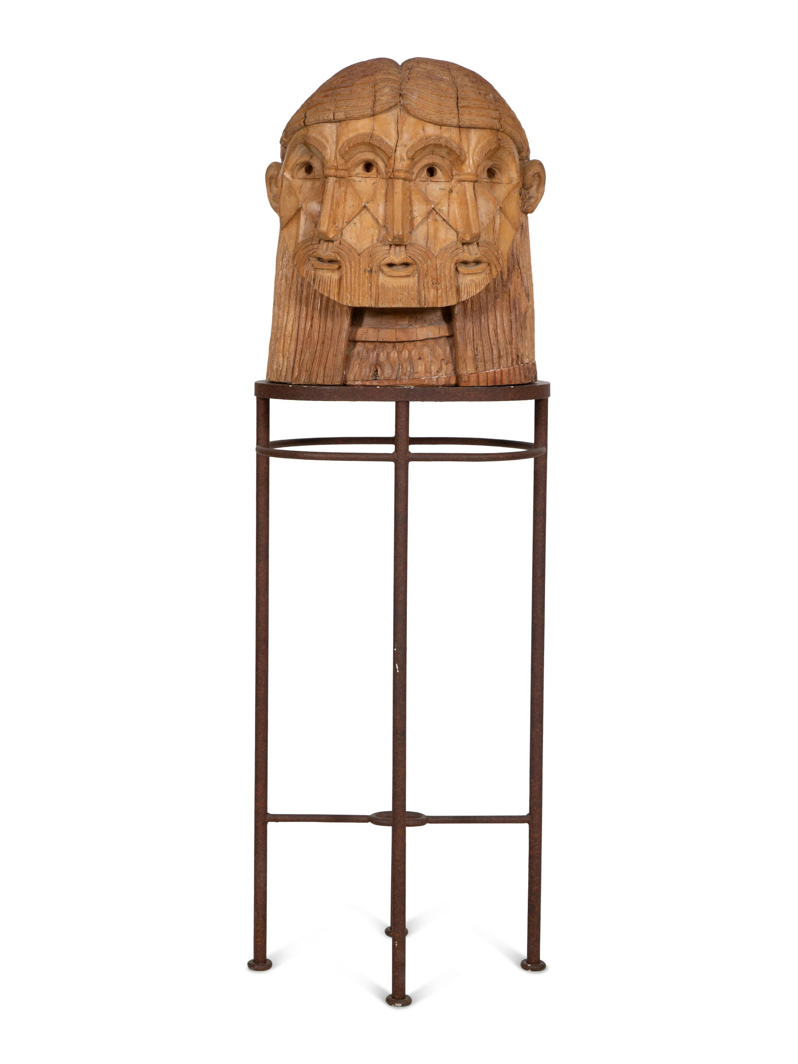 A Carved Wood Sculpture of a Three-Faced Man (1 of 6)