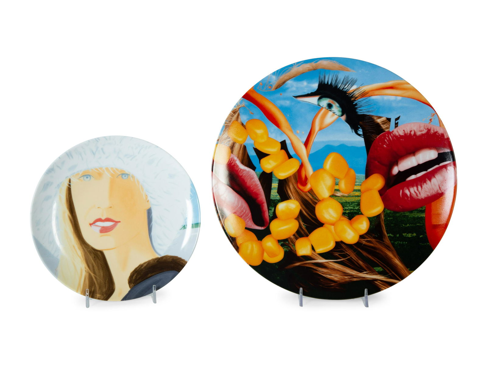 Two Porcelain Art Plates - Alex Katz Jessica, and Jeff Koons Lips: Two Porcelain Art Plates - Alex Katz Jessica, and Jeff Koons Lips 20th Century the Katz by Ligne Blanche, Paris; the Koons by Bernardaud, edition 616/2500. Katz, diameter 8 1/4 inches; Koons, di