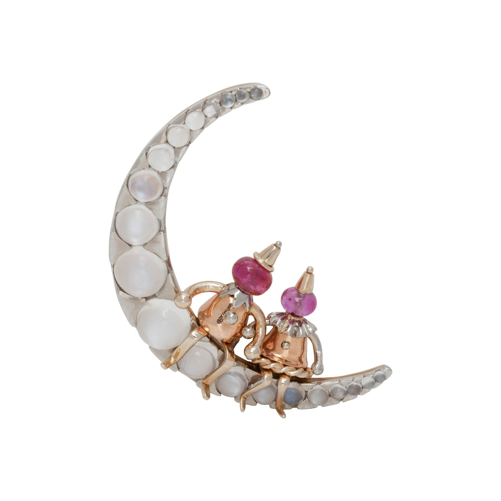 RETRO, TRICOLOR GOLD, MOONSTONE AND RUBY CRESCENT BROOCH (1 of 2)