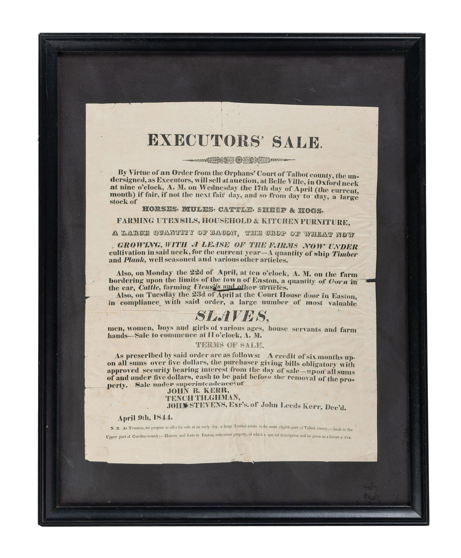 [SLAVERY & ABOLITION]. Executor's Sale...Slaves, men, women, boys and girls of various ages, house (1 of 2)