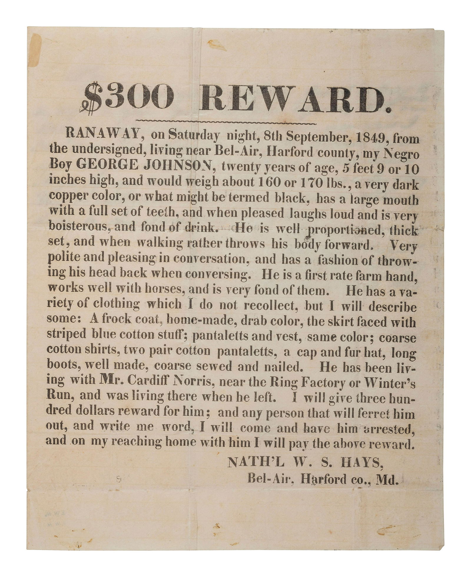 [SLAVERY & ABOLITION].  $300 Reward. Ranaway...my Negro Boy George Johnson. Broadside with (1 of 3)