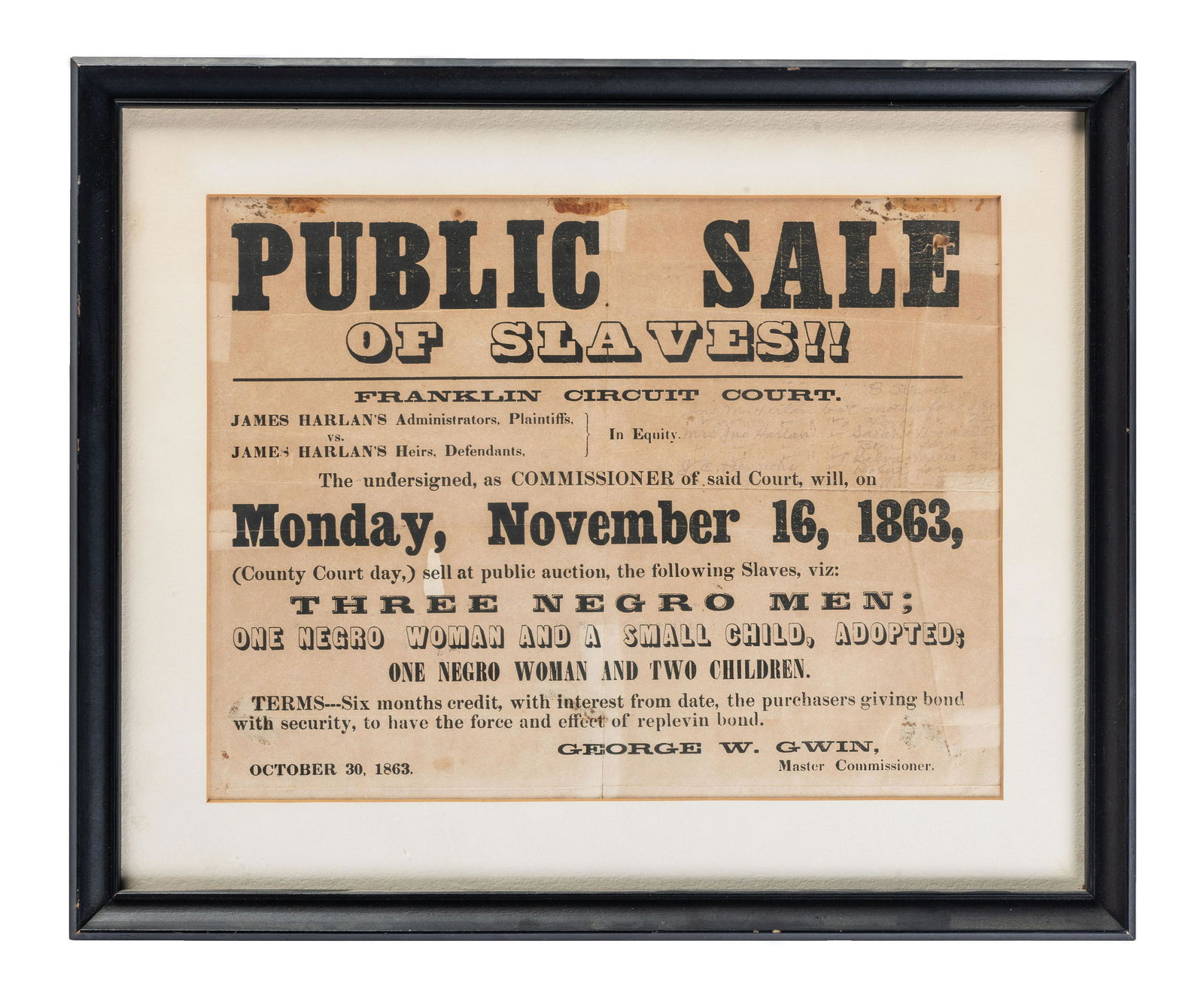 [SLAVERY & ABOLITION]. Public Sale of Slaves!! Franklin County, [KY]: N.p., 30 October 1863. With (1 of 2)