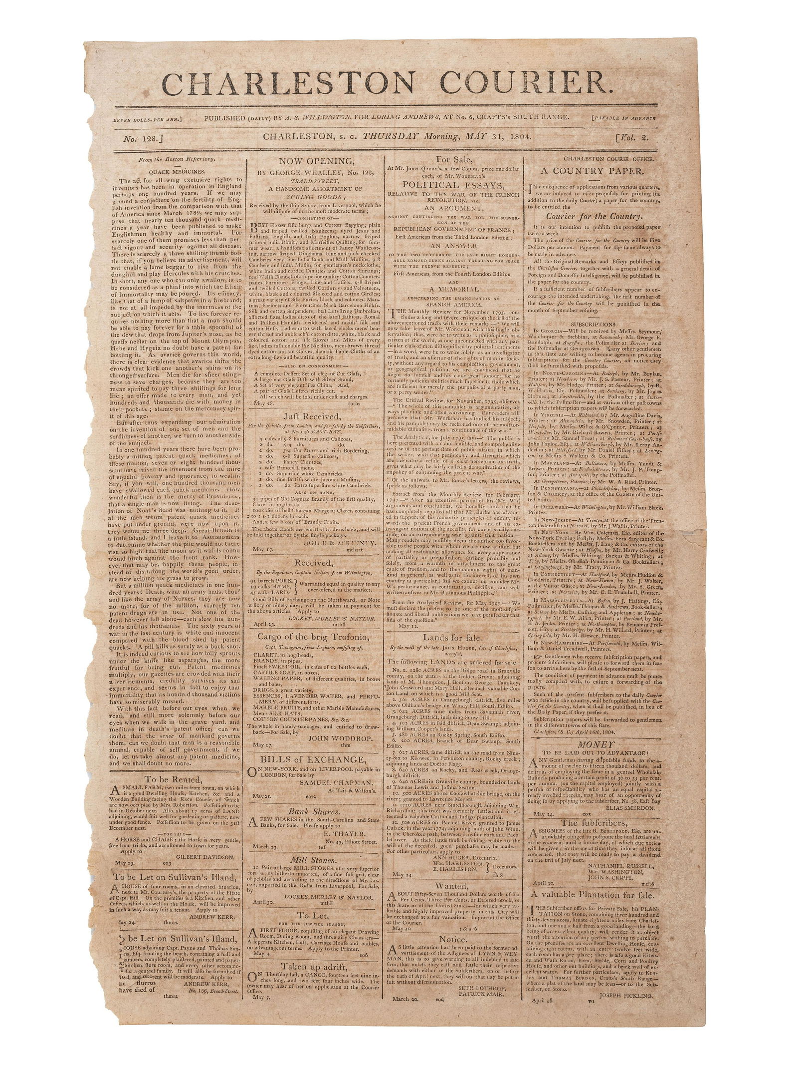 [SLAVERY & ABOLITION]. Charleston Courier. Vol. 2, No. 128. Charleston, SC: A.S. Willington, 31 May (1 of 8)