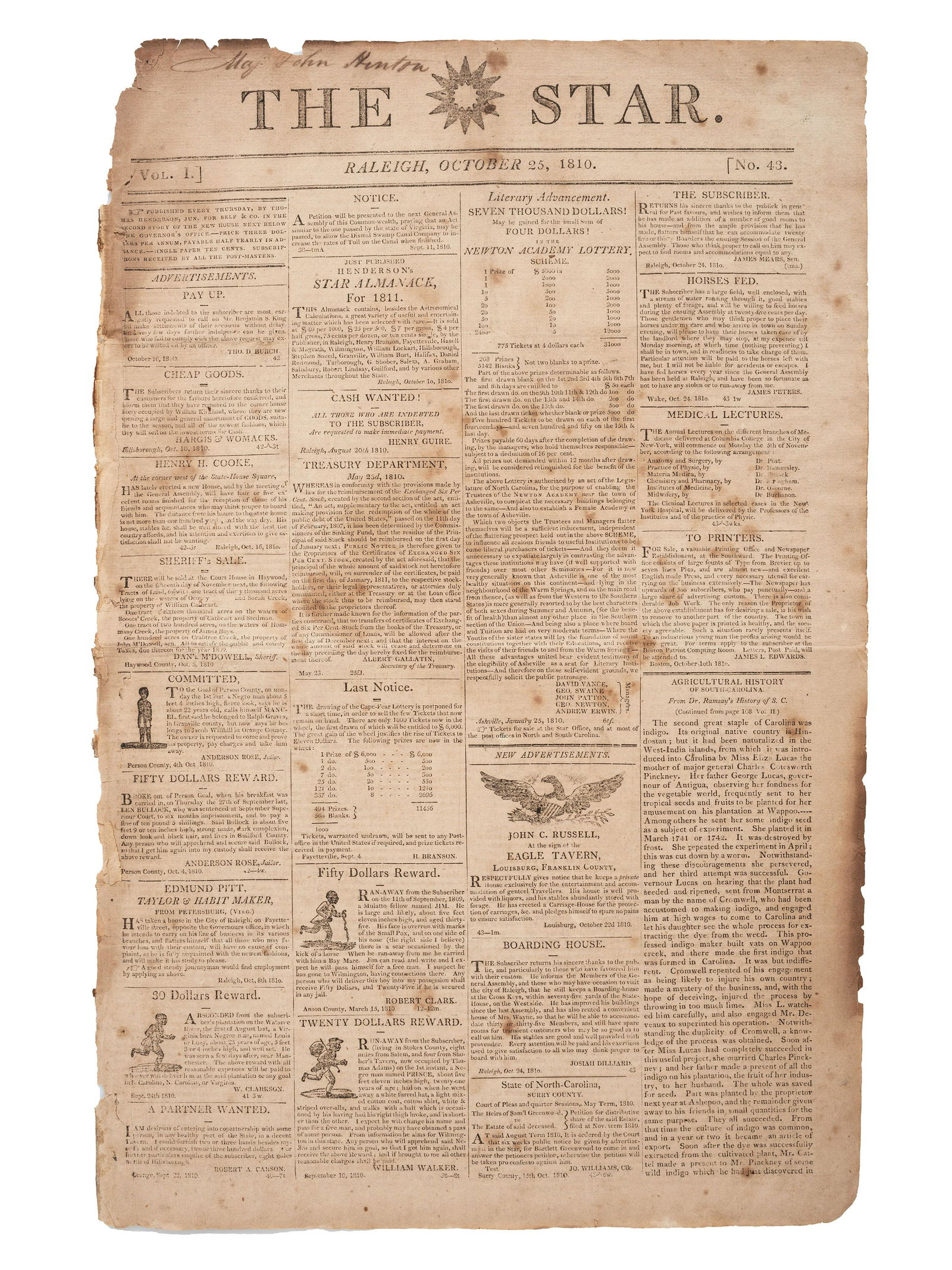 [SLAVERY & ABOLITION]. The Star. Vol. I, No. 43. Raleigh, NC: Thomas Henderson, 25 October 1810. (1 of 4)