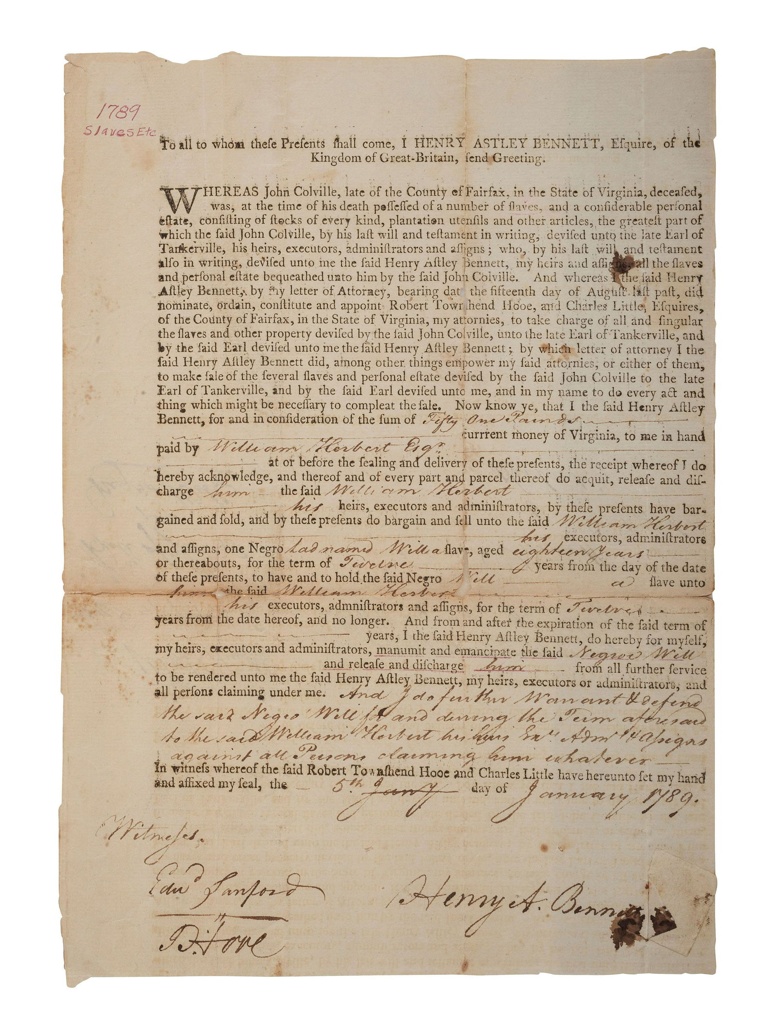 [SLAVERY & ABOLITION]. Partly printed bill of slave for enslaved man Will. [Fairfax County, VA], 5 (1 of 2)
