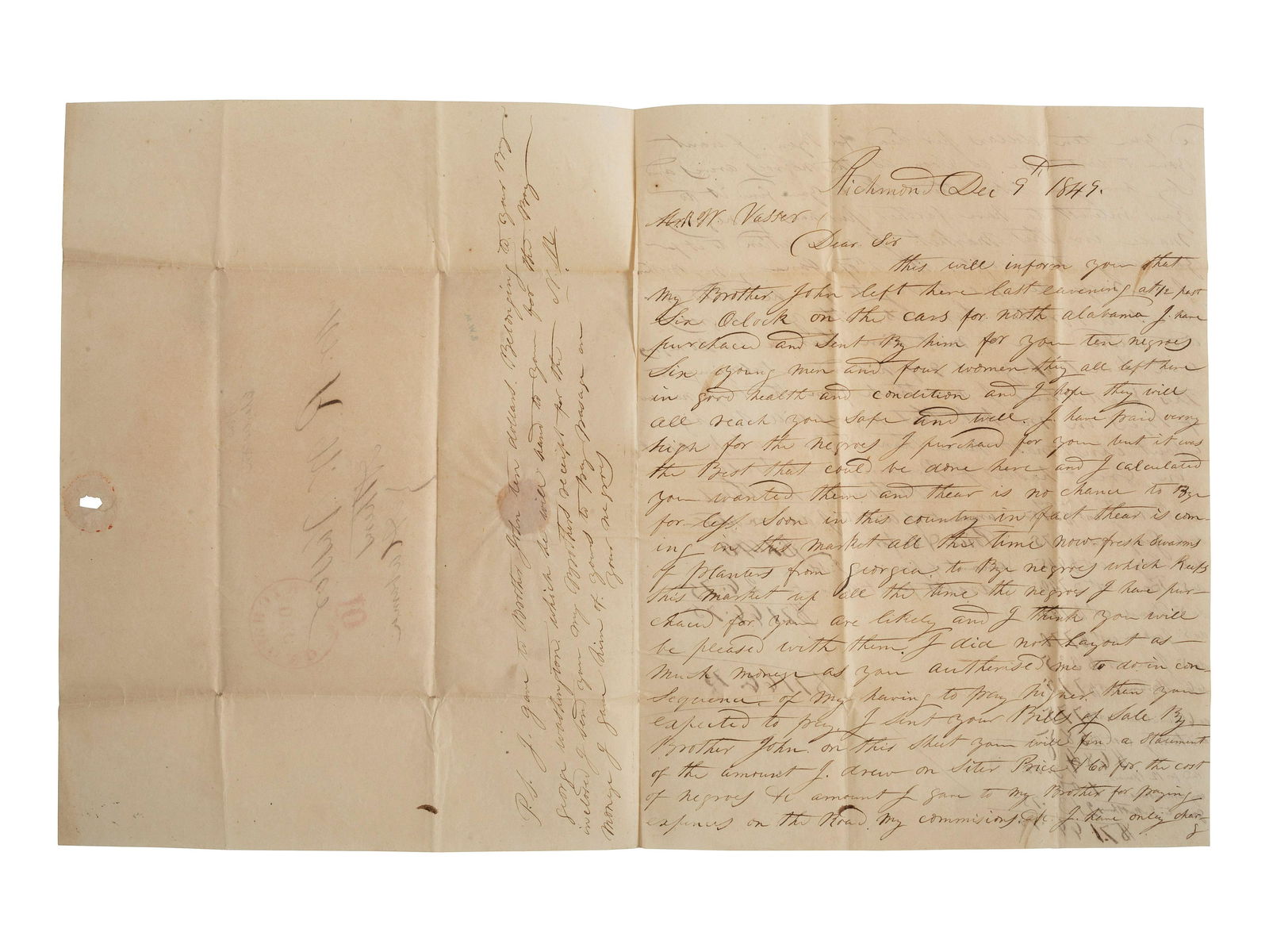 [SLAVERY & ABOLITION]. MATTHEWS, Nathaniel. Autograph letter signed ("Nathaniel Matthews"), to R.W. (1 of 3)