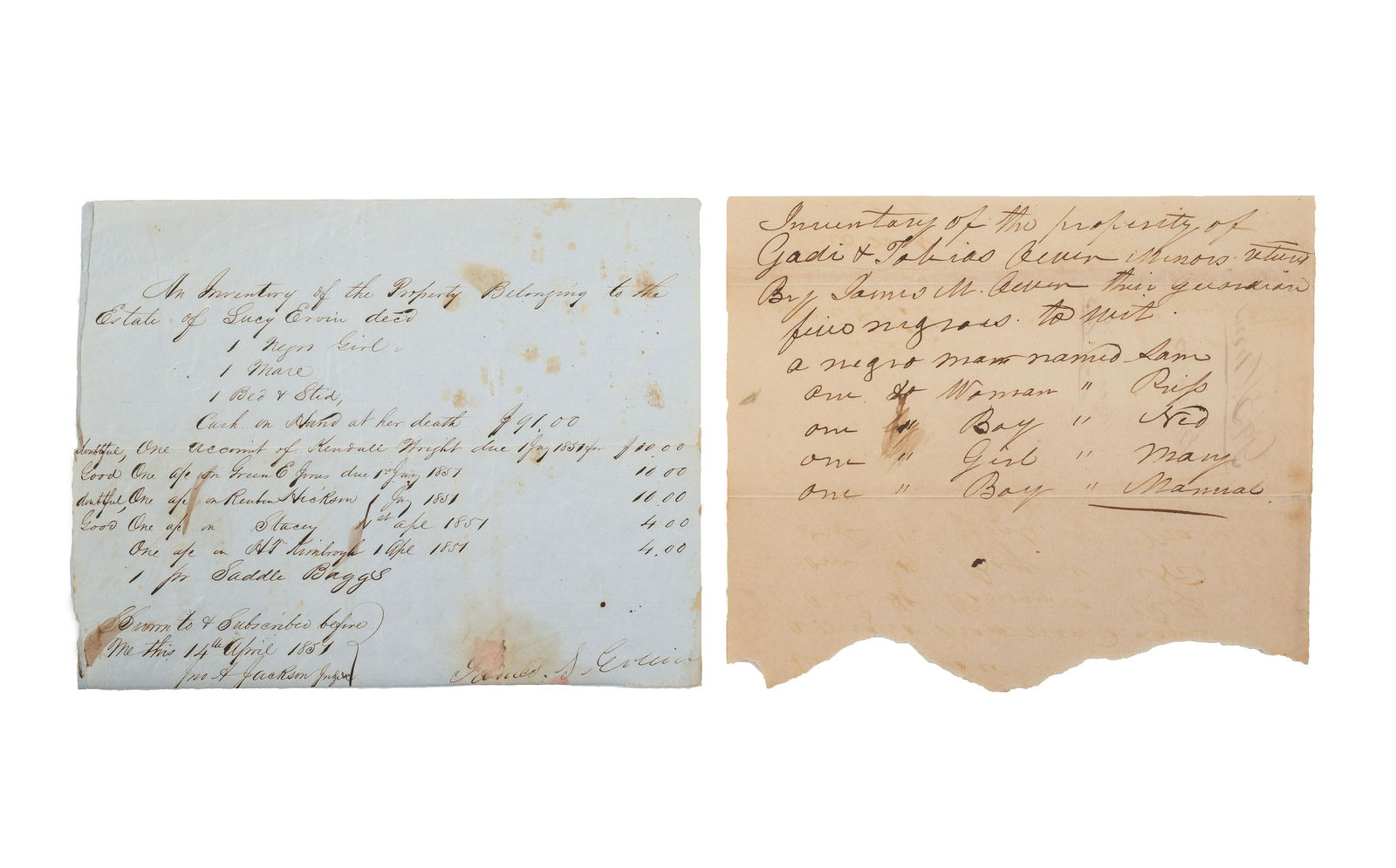 [SLAVERY & ABOLITION]. A group of 2 inventories listing enslaved individuals, comprising: (1 of 2)