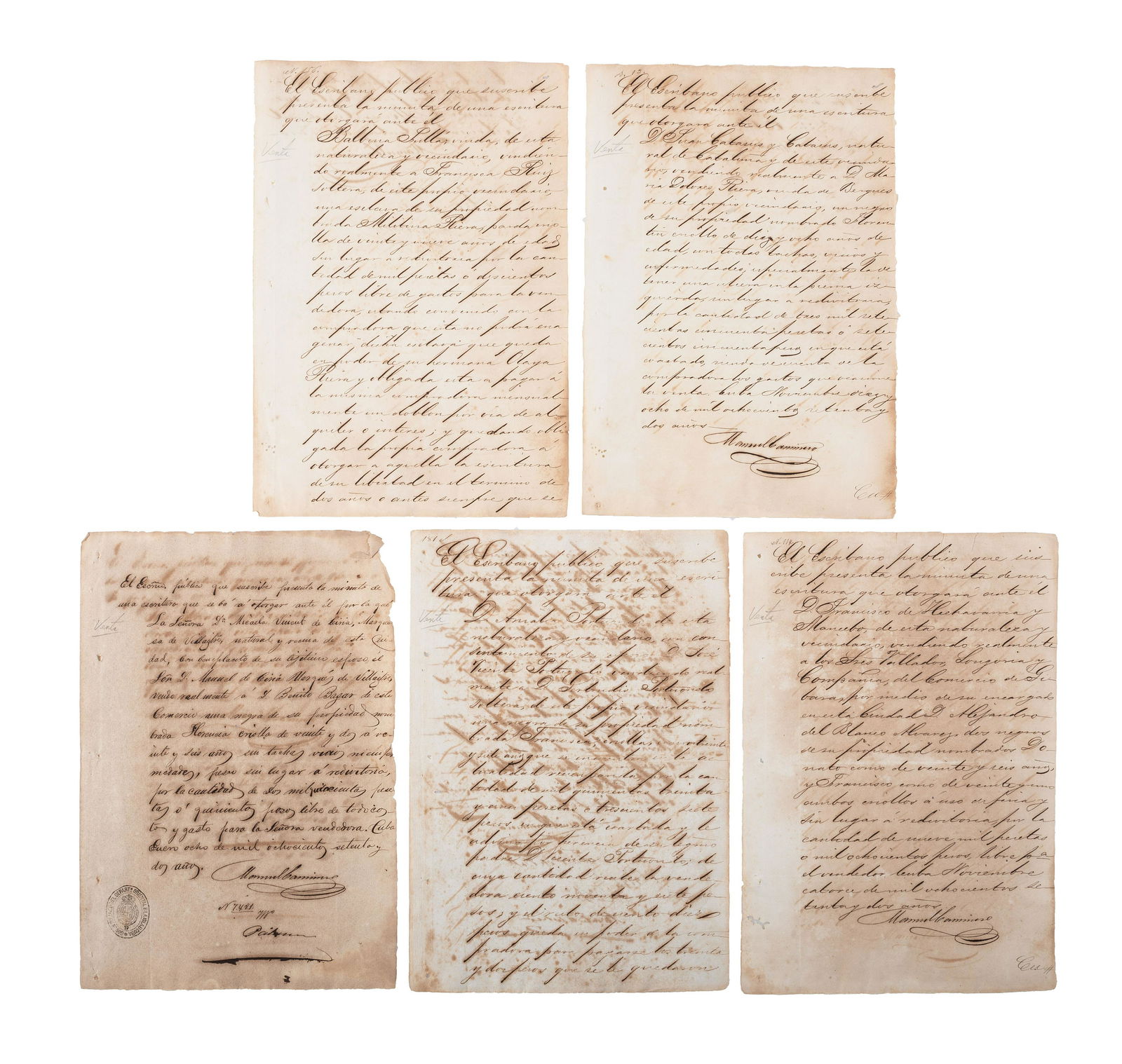 [SLAVERY & ABOLITION]. A group of 11 documents recording the sale of enslaved persons in Cuba.: [SLAVERY & ABOLITION]. A group of 11 documents recording the sale of enslaved persons in Cuba. 1872-1877. Folio pages from ledger recording legal events in eastern Cuba, 8 1/2 x 12 3/8 in. (removed fr