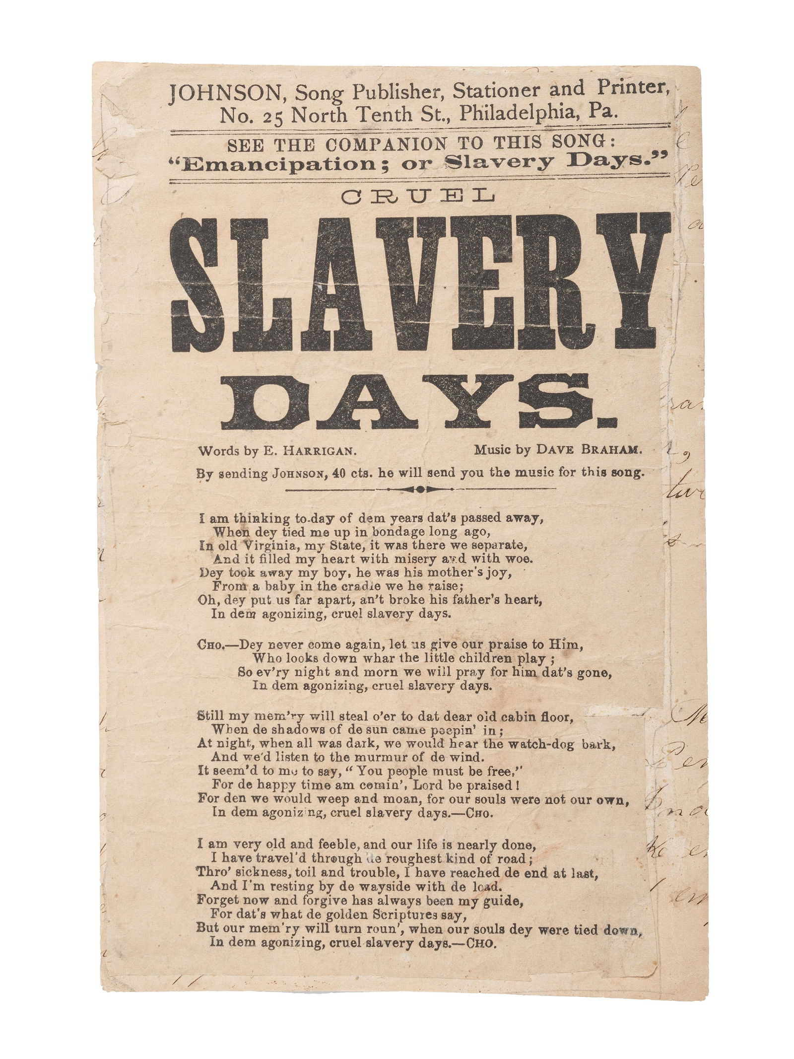 [SLAVERY & ABOLITION]. A group of 2 Civil War-period imprints, incl. HARRIGAN, E. Cruel Slavery (1 of 3)