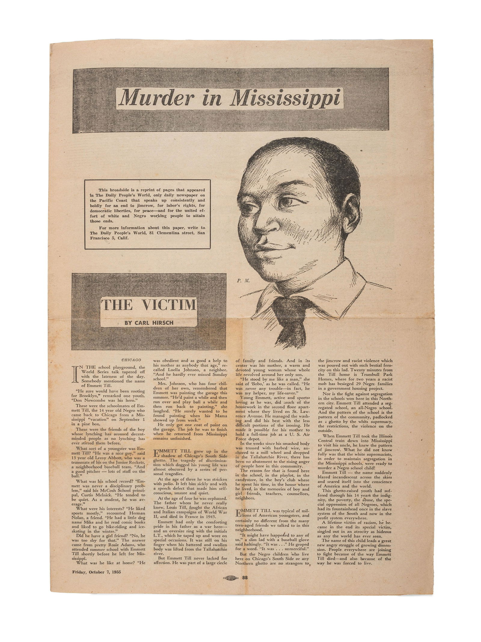 [TILL, Emmett (1941-1955)]. Murder in Mississippi. [San Francisco]: [Daily People's World], 1955. (1 of 3)