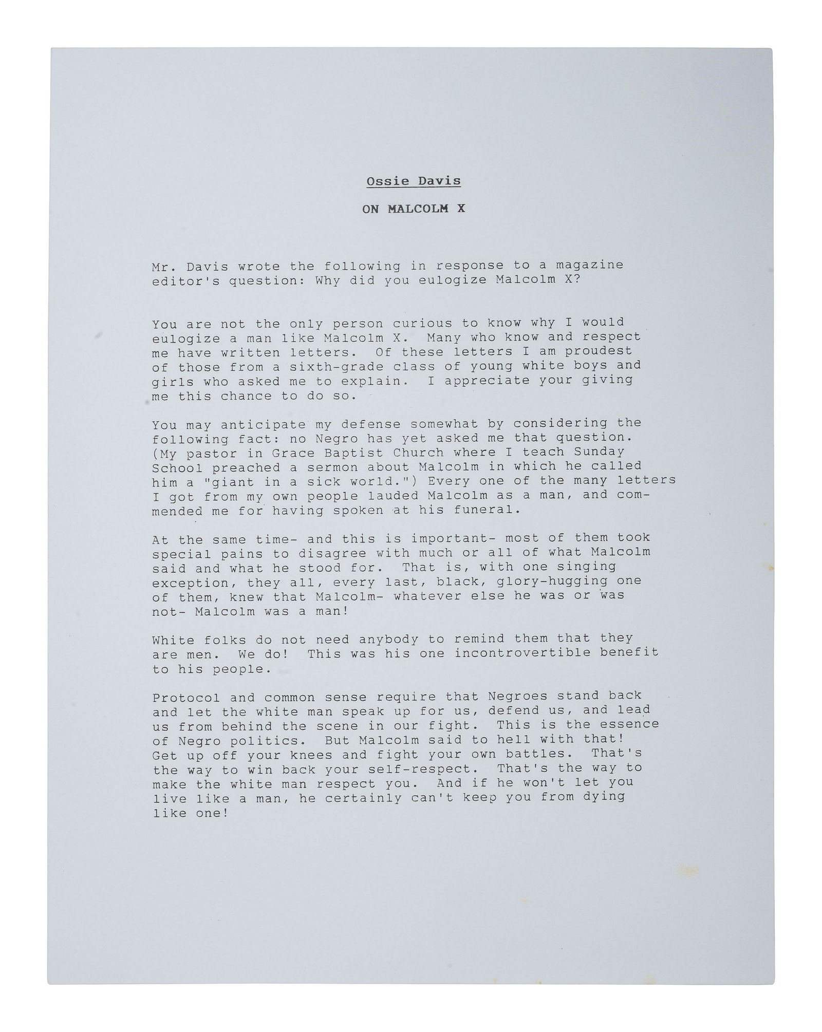 [CIVIL RIGHTS]. DAVIS, Ossie (1917-2005). Typed document signed ("Ossie Davis"), in response to a (1 of 4)