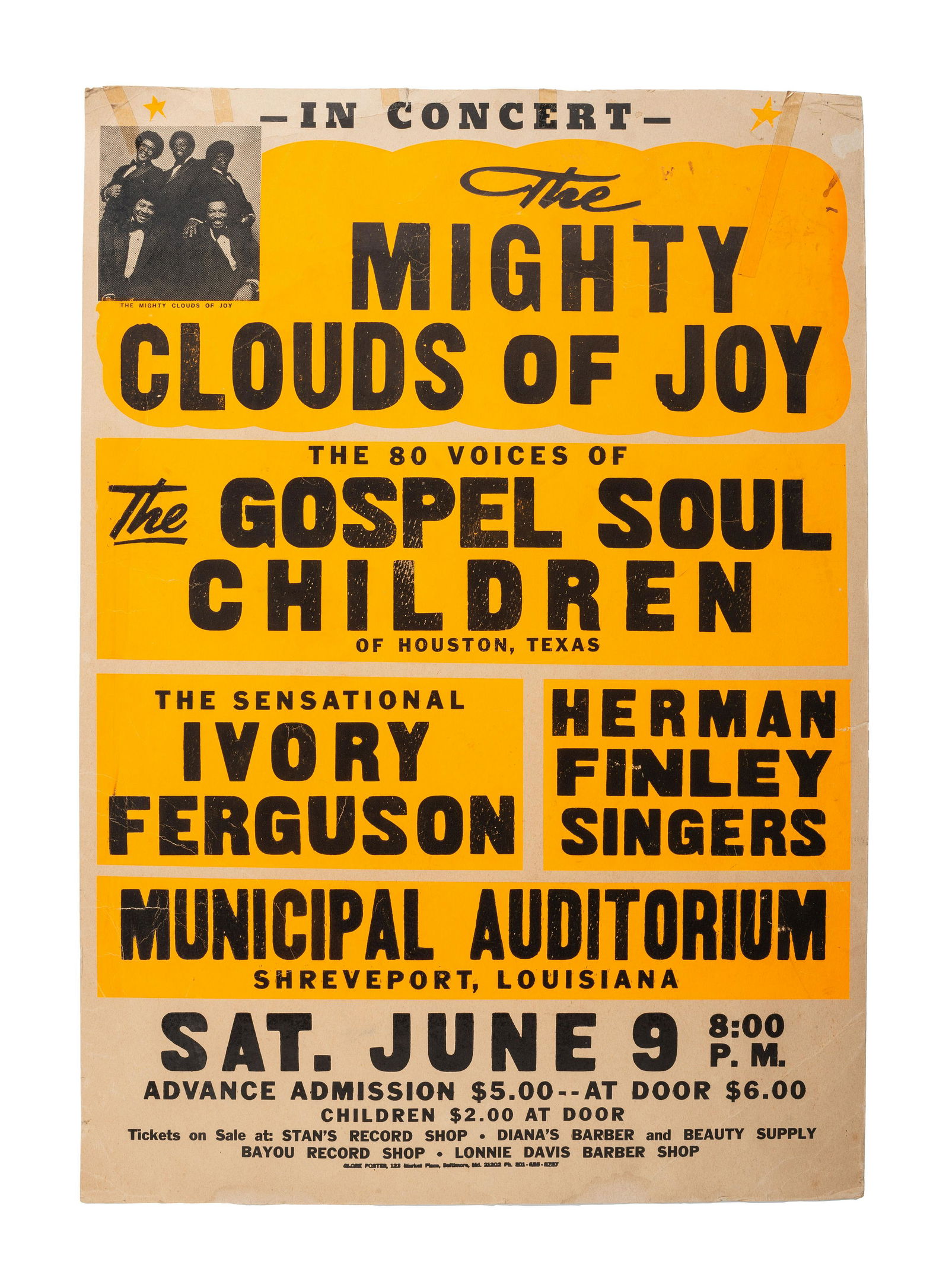 [MUSIC]. A group of 4 posters promoting gospel acts, incl. Soul Stirrers, Mighty Clouds of Joy, New (1 of 4)