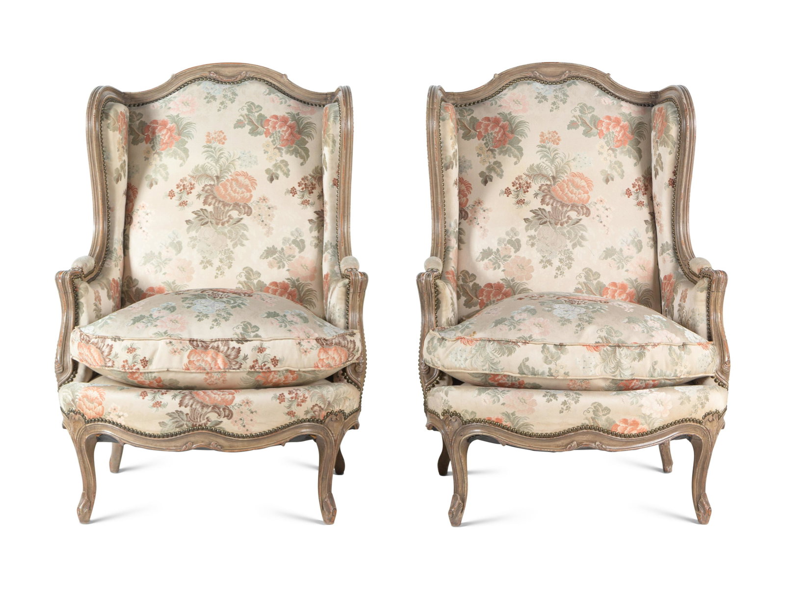 A Pair of Louis XV Style Painted Bergeres: A Pair of Louis XV Style Painted Bergeres 20th Century Height 42 x width 29 inches. This lot is located in Chicago.