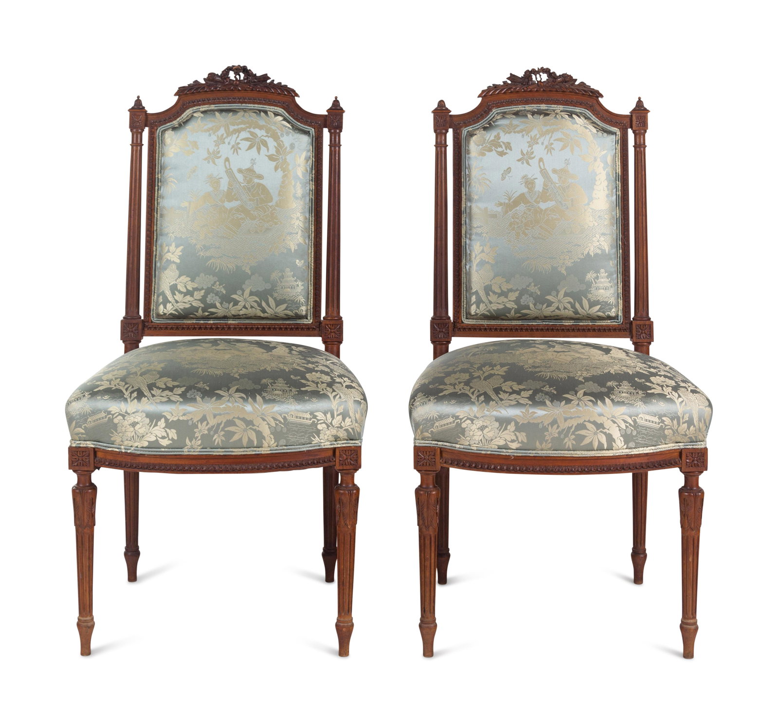 A Pair of Louis XVI Style Side Chairs: A Pair of Louis XVI Style Side Chairs Late 19th Century with Old World Weavers silk satin upholstery. Height 39 3/4 x width 20 inches. This lot is located in Chicago.