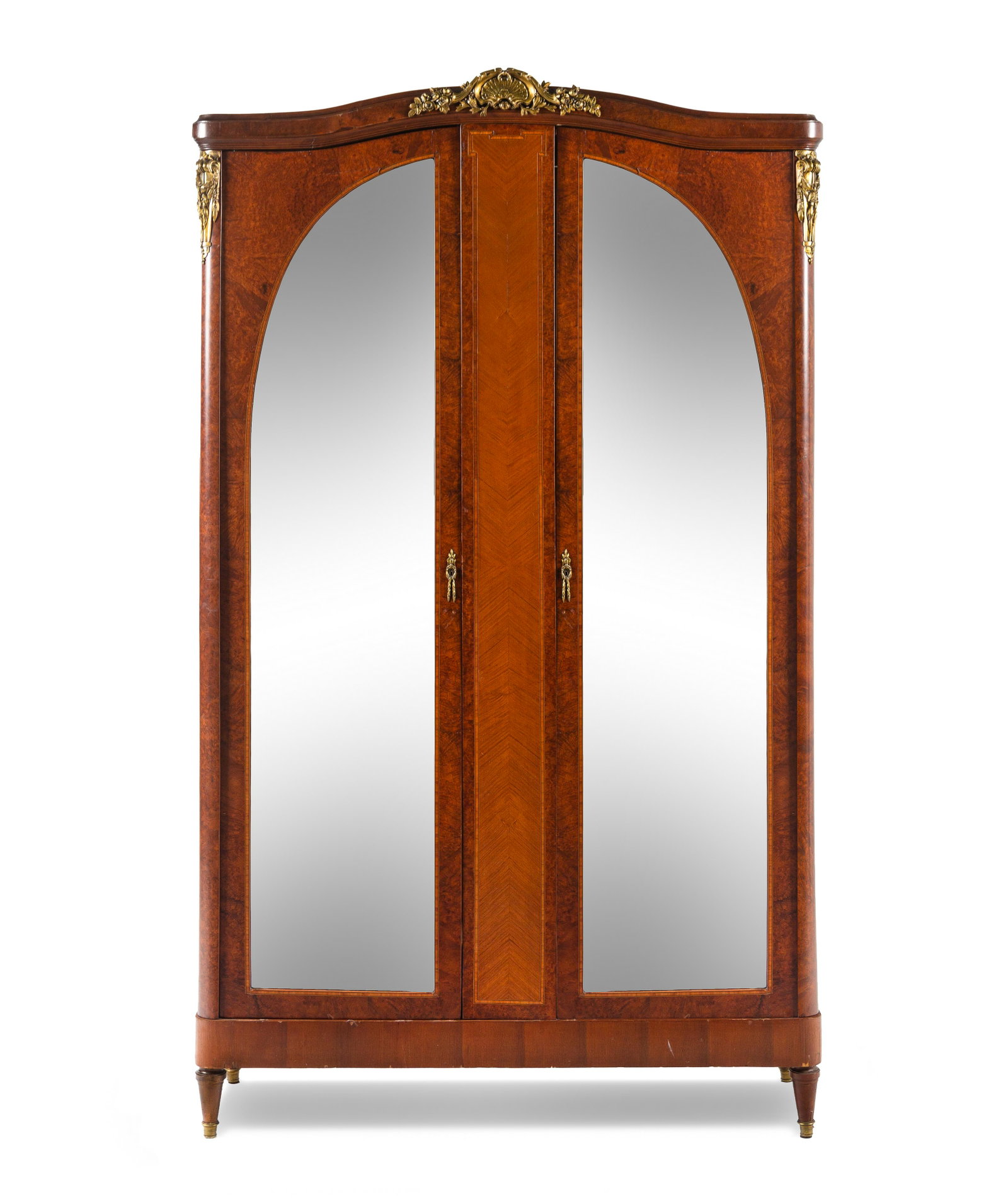 A French Gilt Bronze Mounted Burlwood and Kingwood Armoire: A French Gilt Bronze Mounted Burlwood and Kingwood Armoire Circa 1920 Height 89 3/4 x width 53 x depth 18 inches. This lot is located in Chicago.